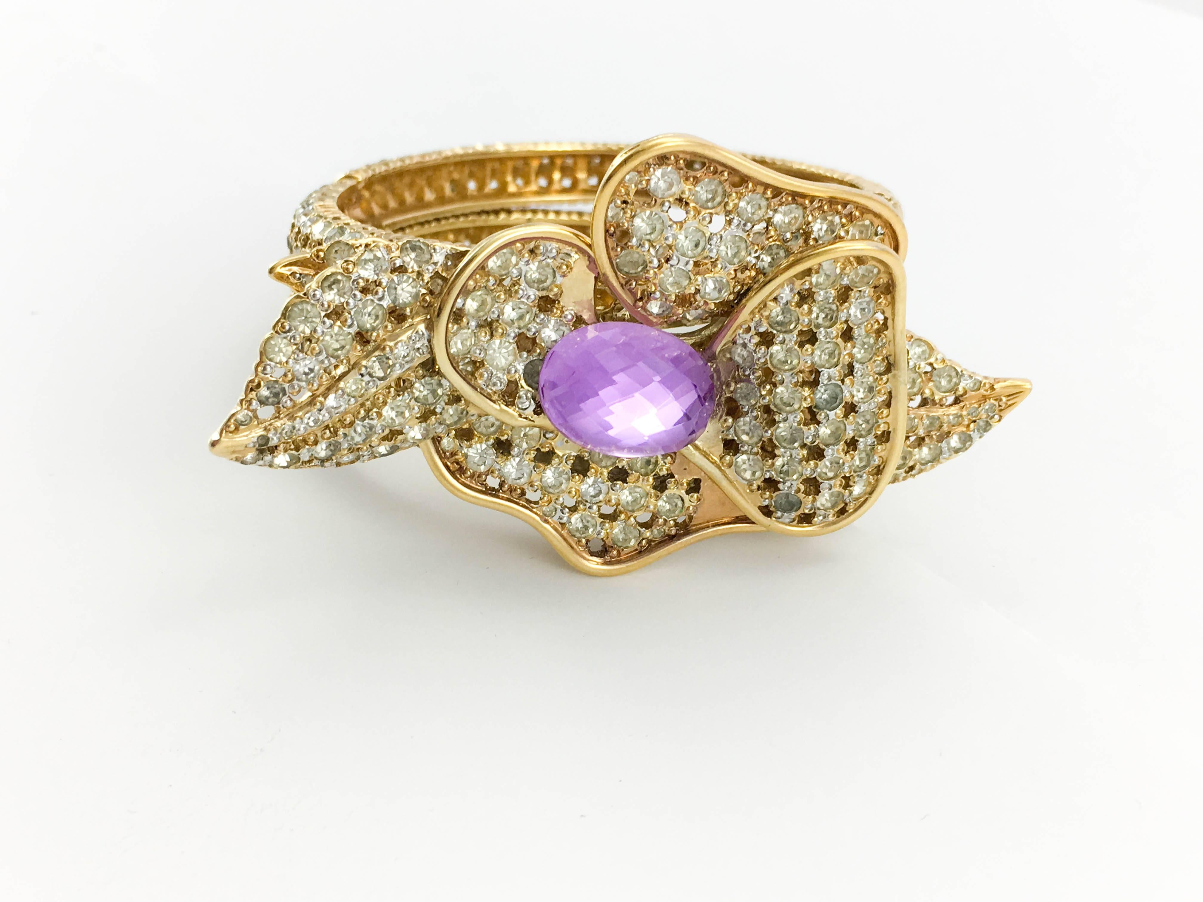 Women's 1990s Valentino Diamanté and Faux Amethyst Gilt Flower Bracelet For Sale
