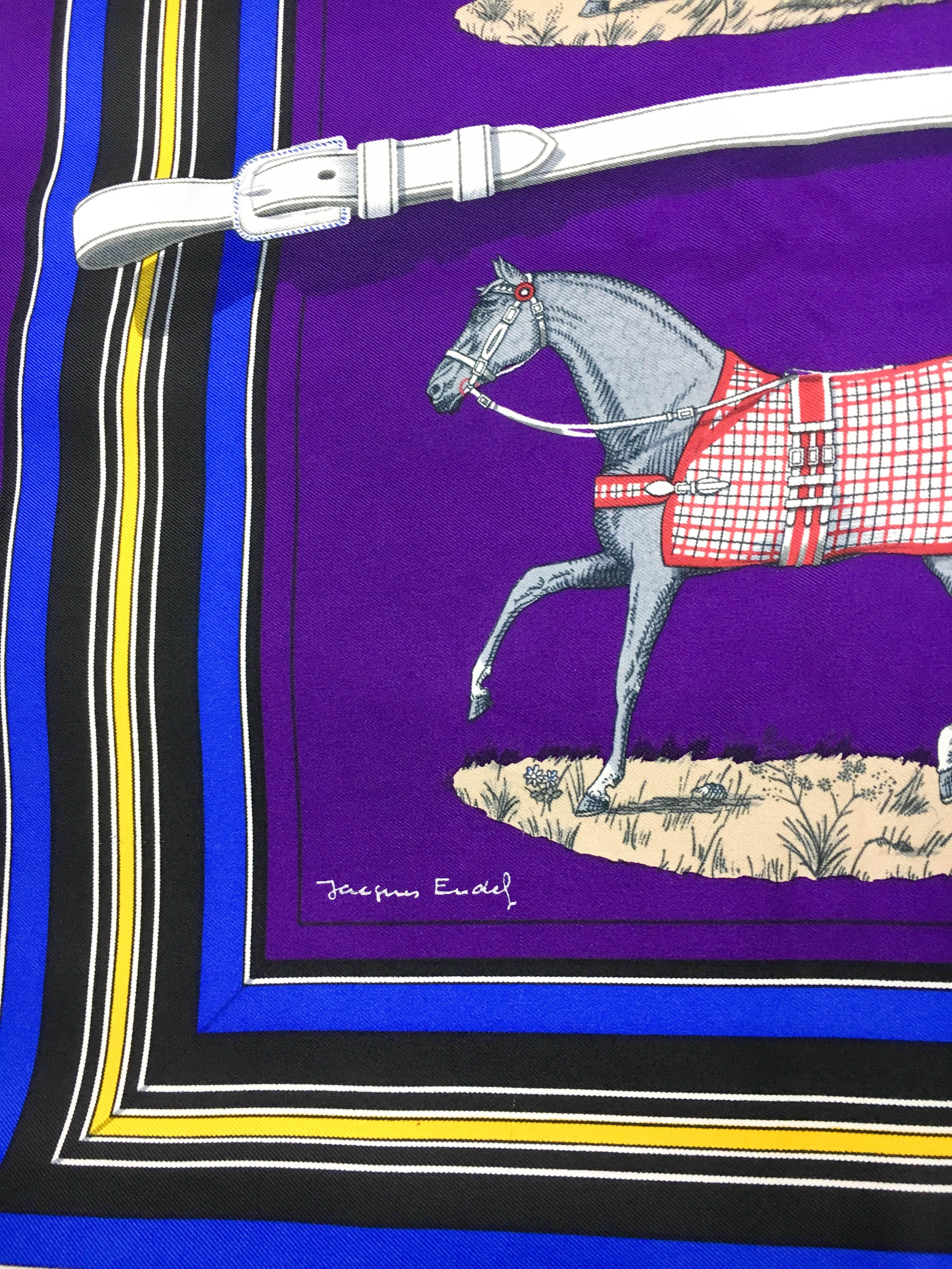 1970s Hermes 'Couvertures et tenues de Jour' Equestrian Themed Purple Silk Scarf In Excellent Condition In London, Chelsea