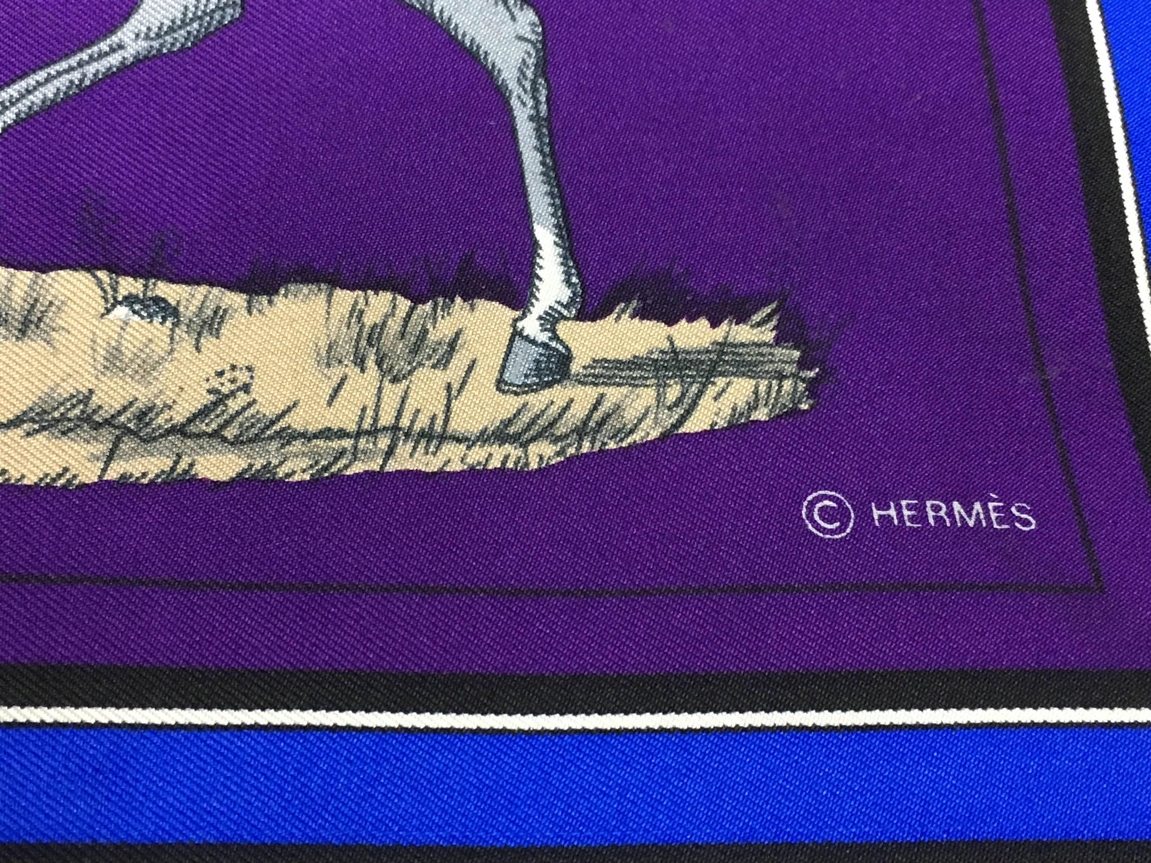Women's 1970s Hermes 'Couvertures et tenues de Jour' Equestrian Themed Purple Silk Scarf
