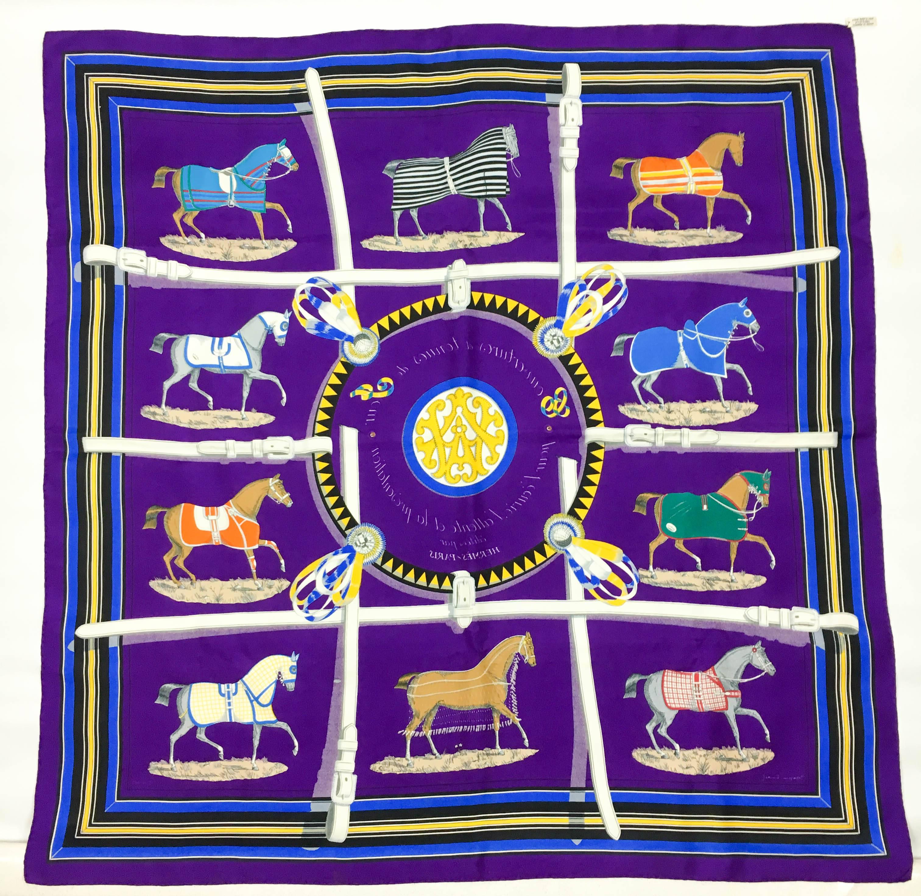 1970s Hermes 'Couvertures et tenues de Jour' Equestrian Themed Purple Silk Scarf 3