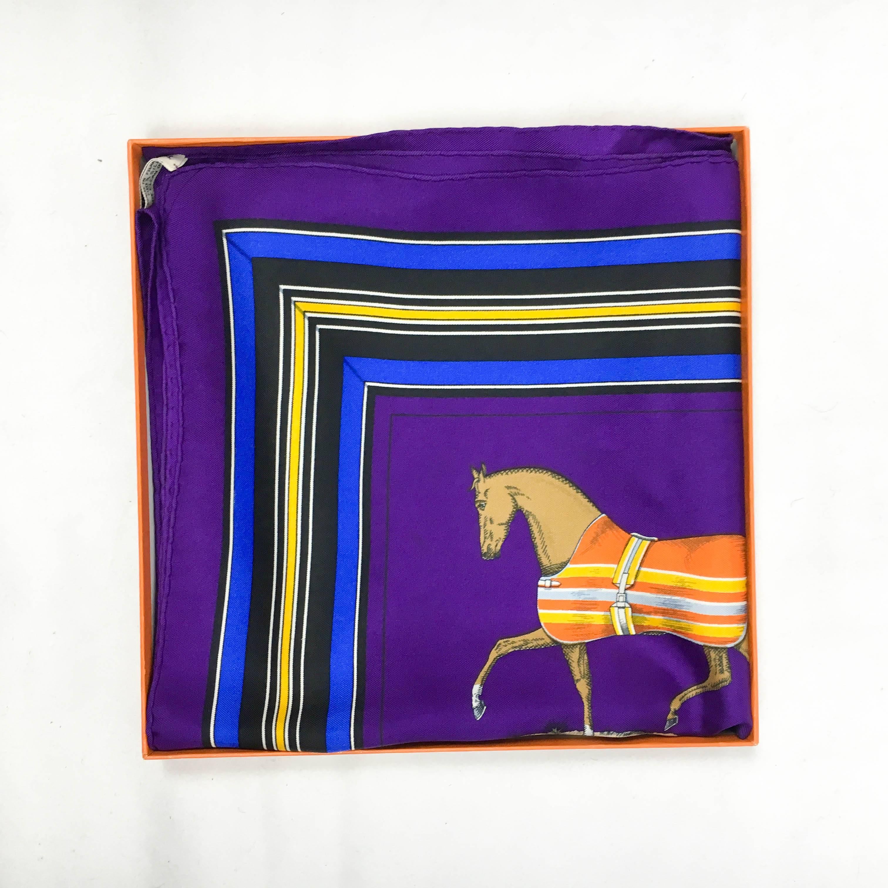 1970s Hermes 'Couvertures et tenues de Jour' Equestrian Themed Purple Silk Scarf 4