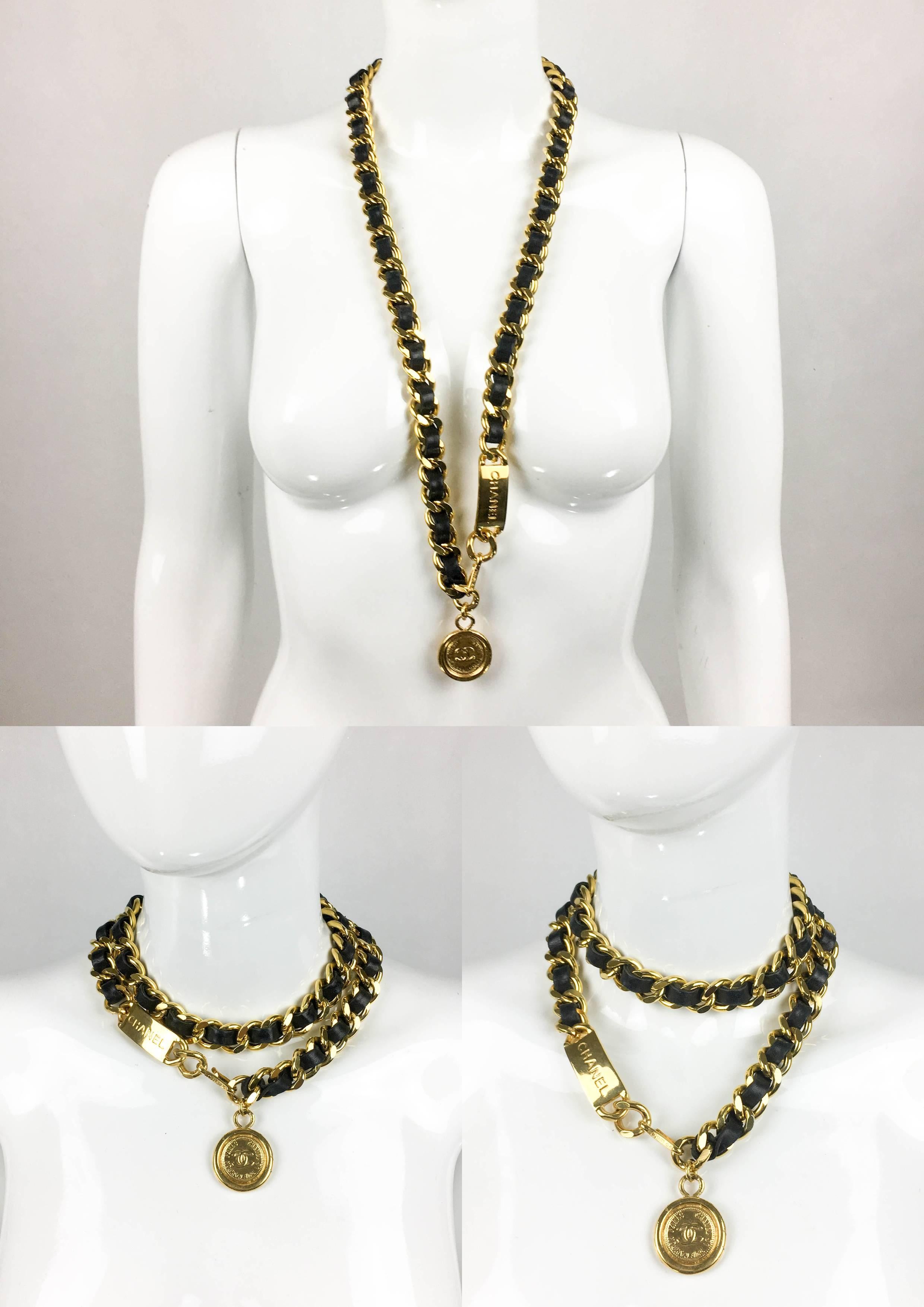 Beige 1994 Runway Chanel Chunky Black Leather and Gilt Chain Belt / Necklace
