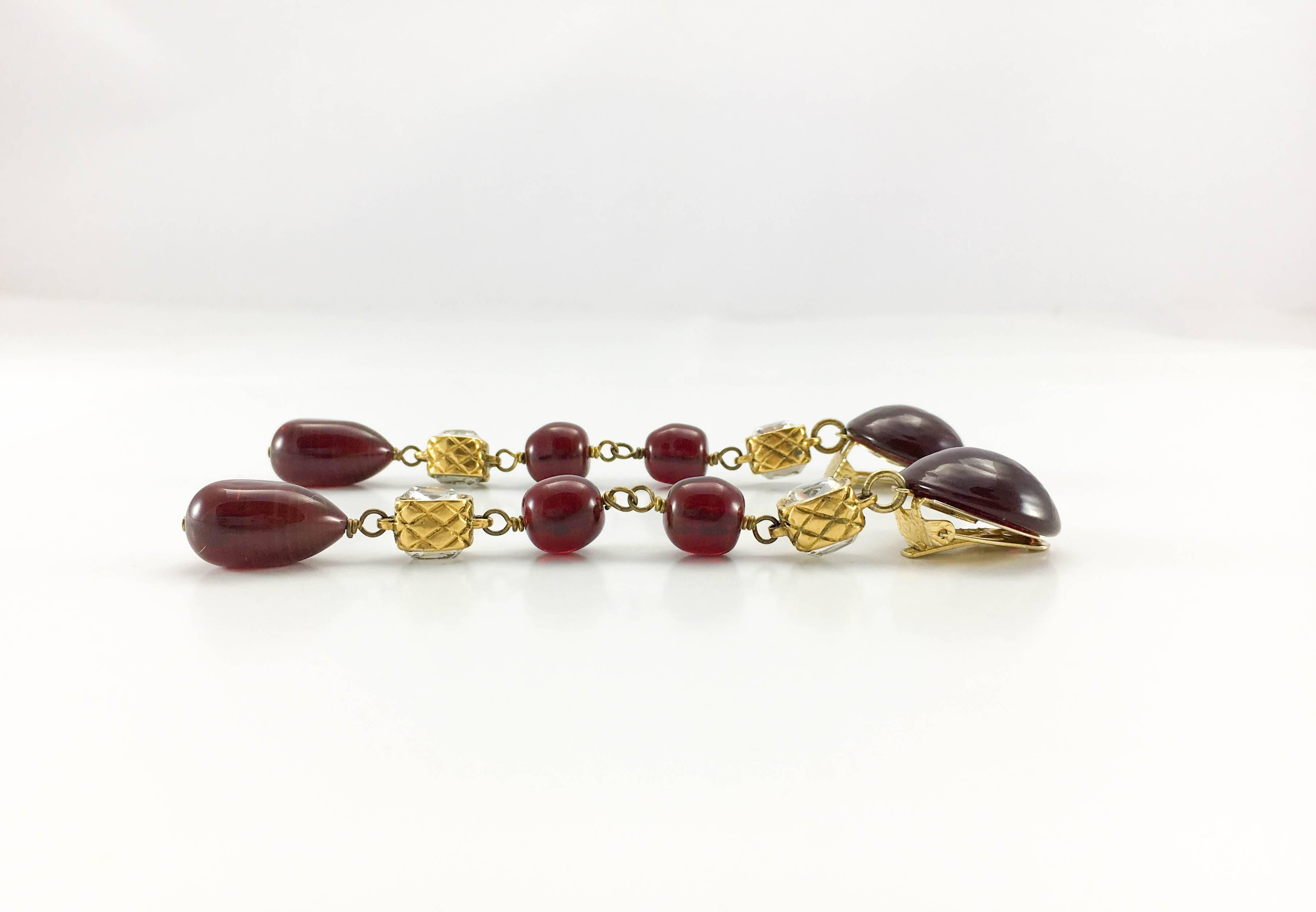 1986 Chanel Long Gold-Plated Quilted Earrings With Red Gripoix and Crystal Beads 4