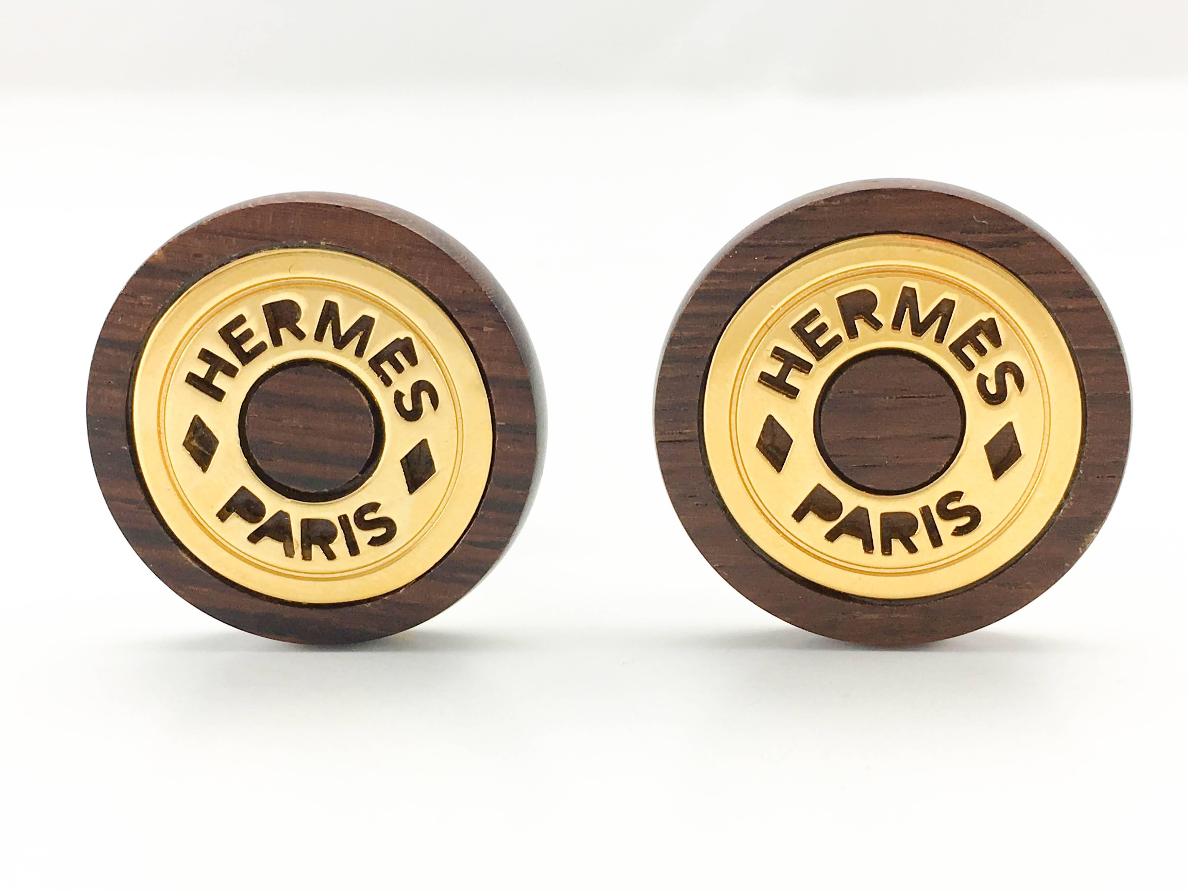 Women's 1990s Hermes Wood and Gold-Plated Round Clip-On Earrings