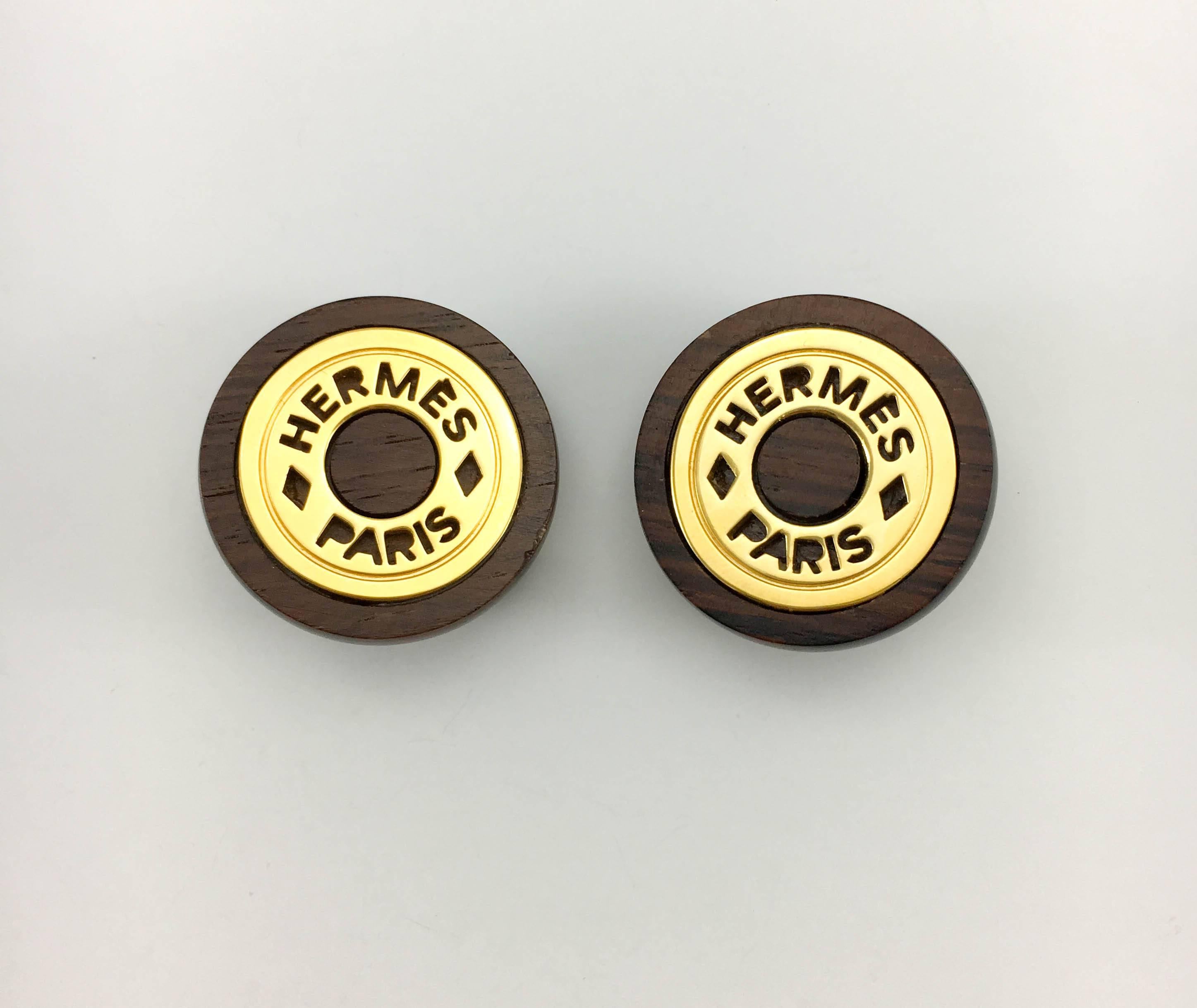 1990s Hermes Wood and Gold-Plated Round Clip-On Earrings 1