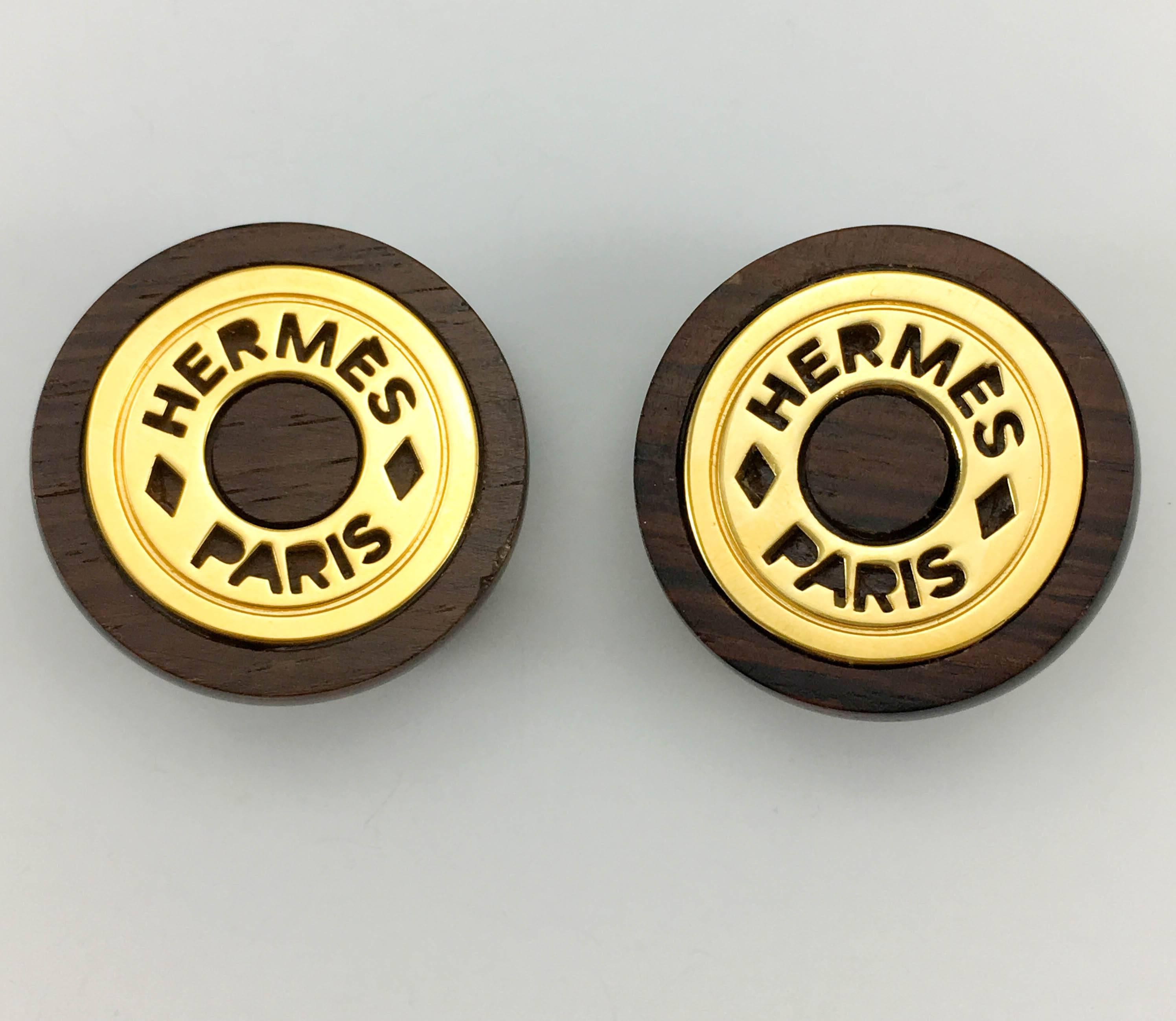 1990s Hermes Wood and Gold-Plated Round Clip-On Earrings 2