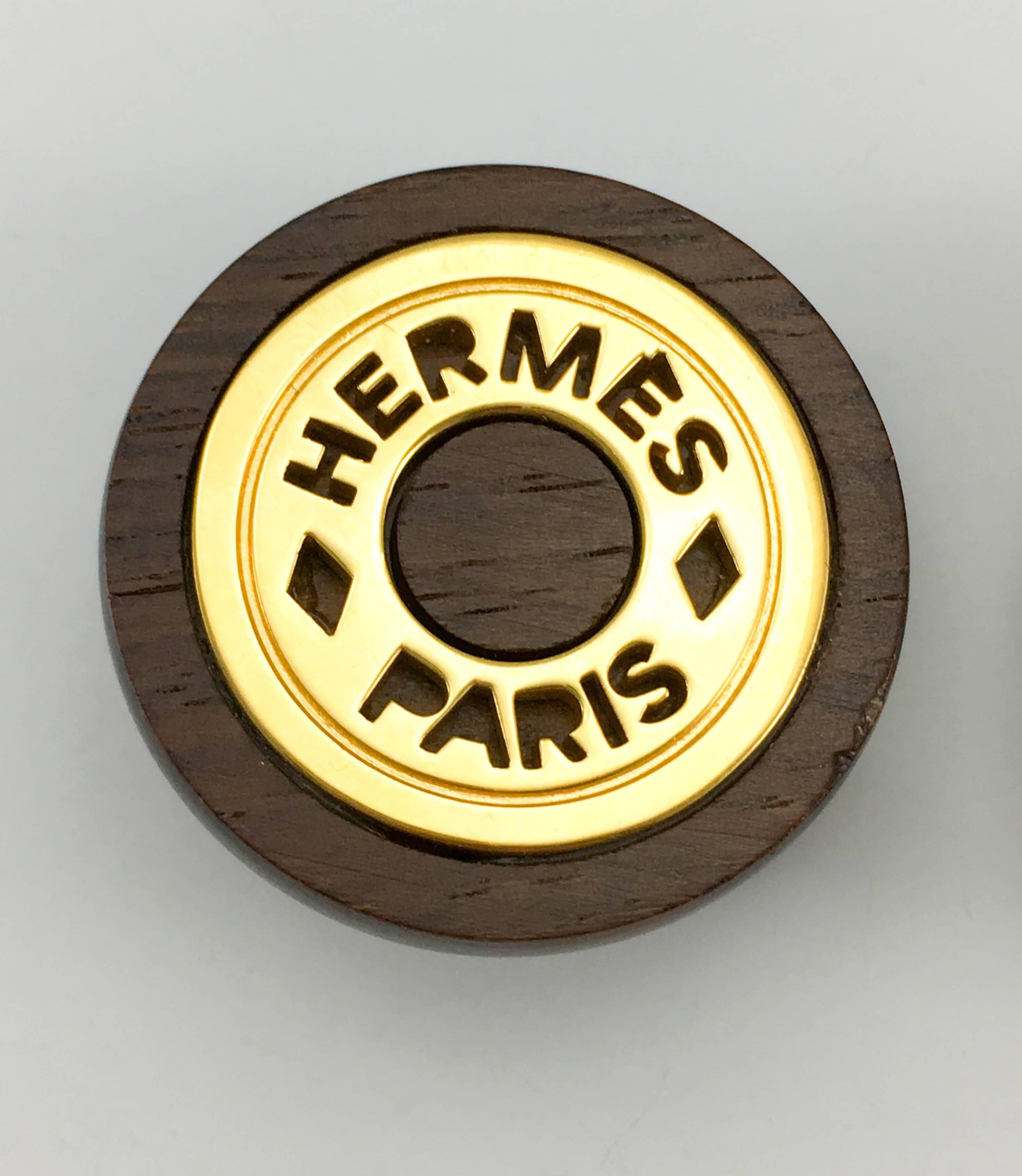 1990s Hermes Wood and Gold-Plated Round Clip-On Earrings 3