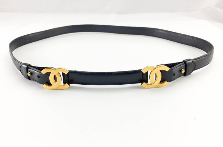 Chanel Navy Blue Leather and Gilt Logo Thin Belt at 1stDibs