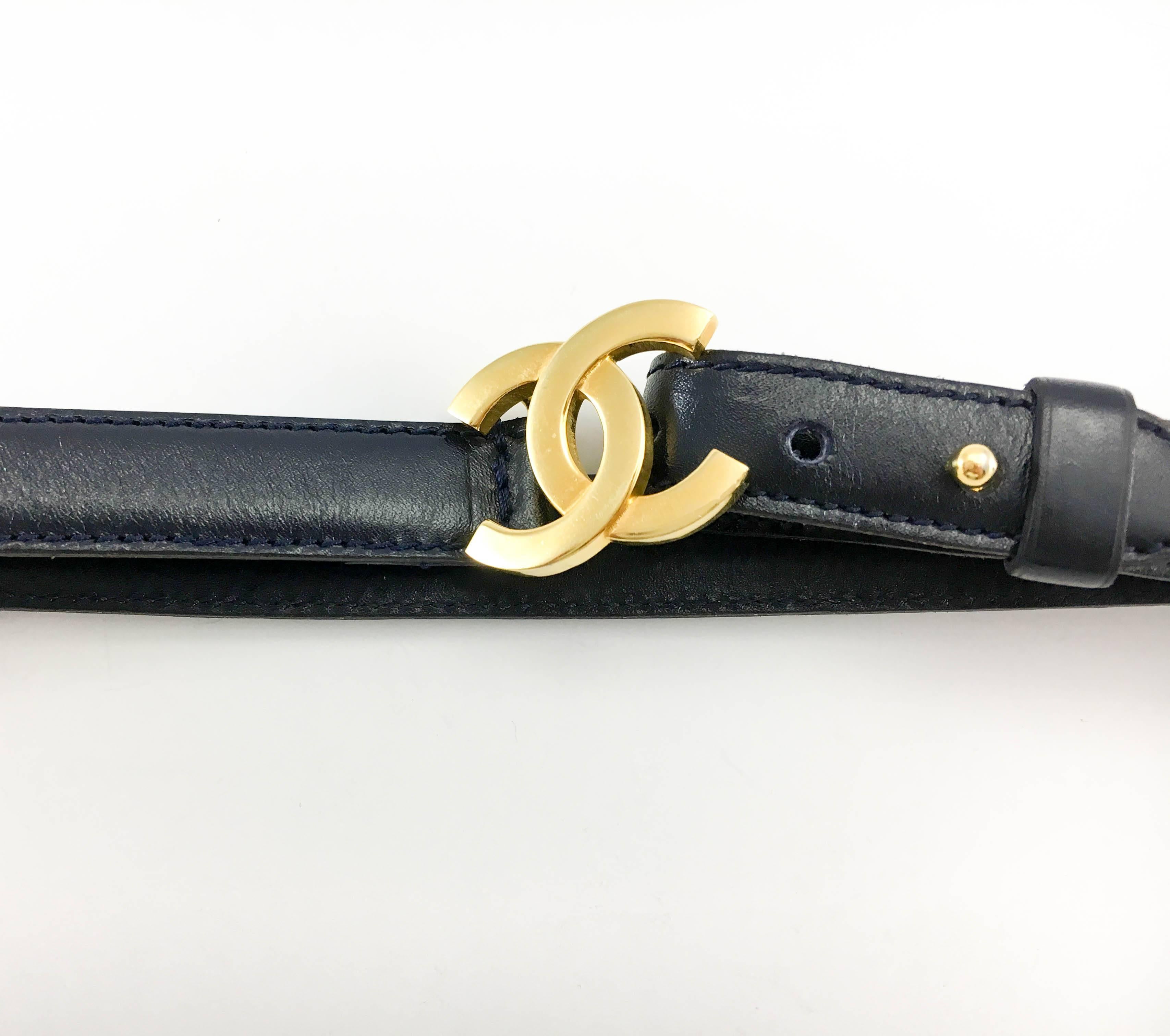 Black Chanel Navy Blue Leather and Gilt Logo Thin Belt