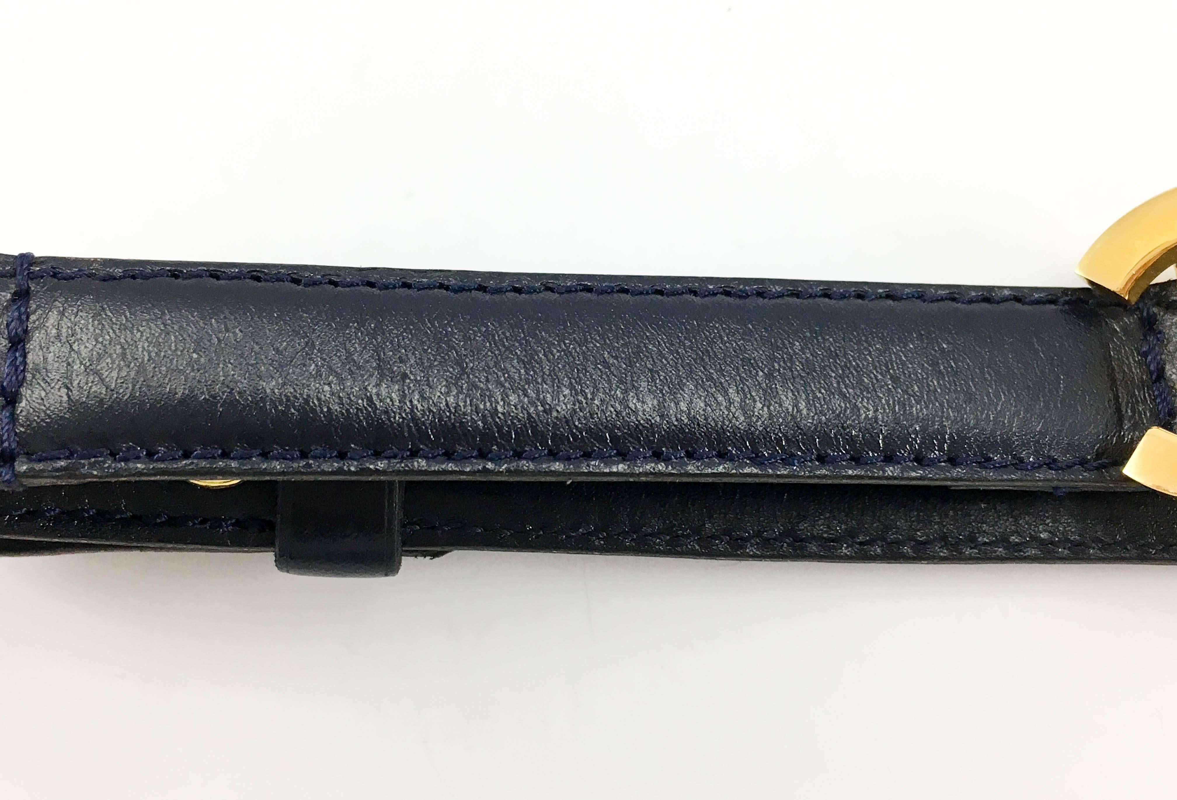 Chanel Navy Blue Leather and Gilt Logo Thin Belt In Excellent Condition In London, Chelsea