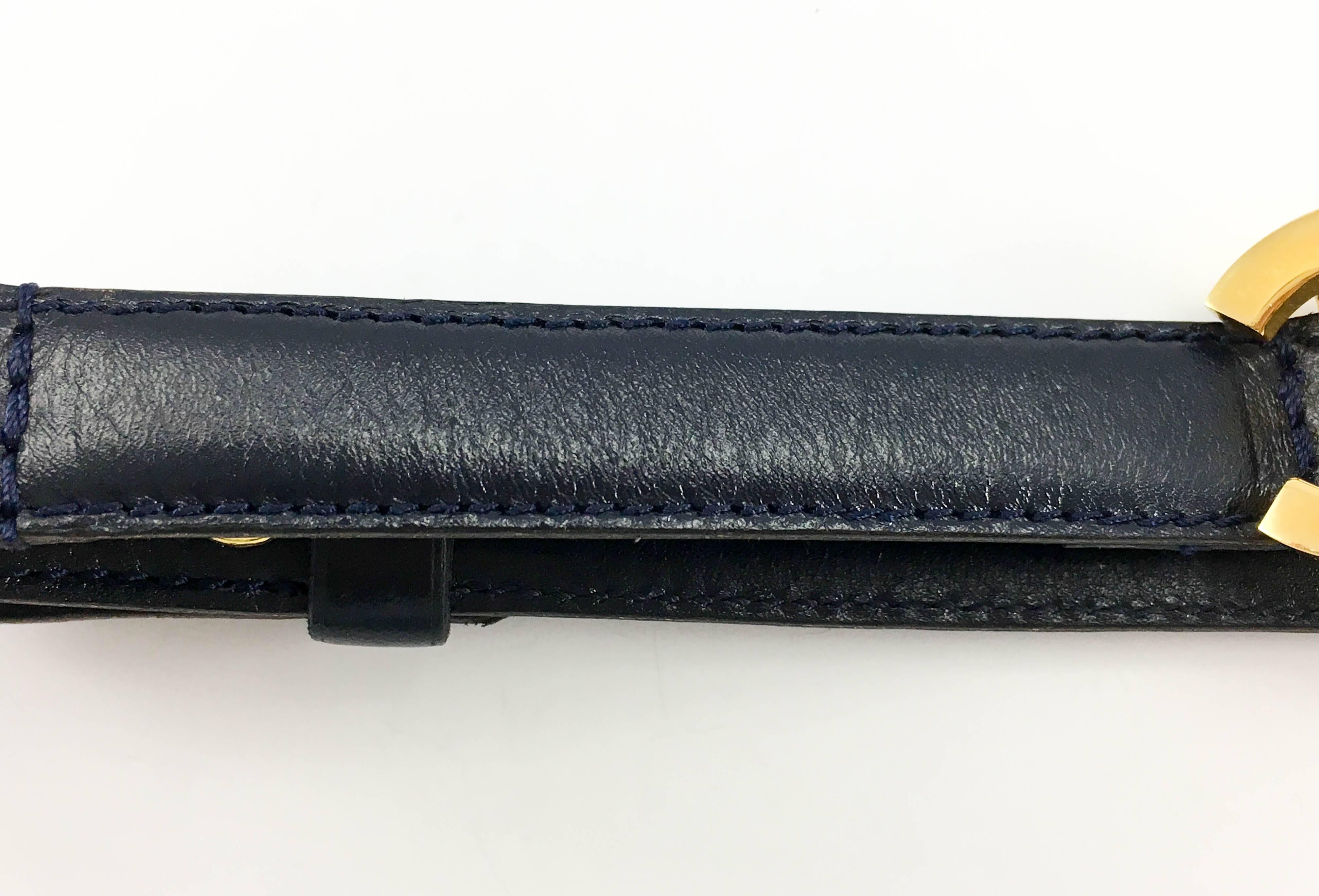 Black Chanel Navy Blue Leather and Gilt Logo Thin Belt