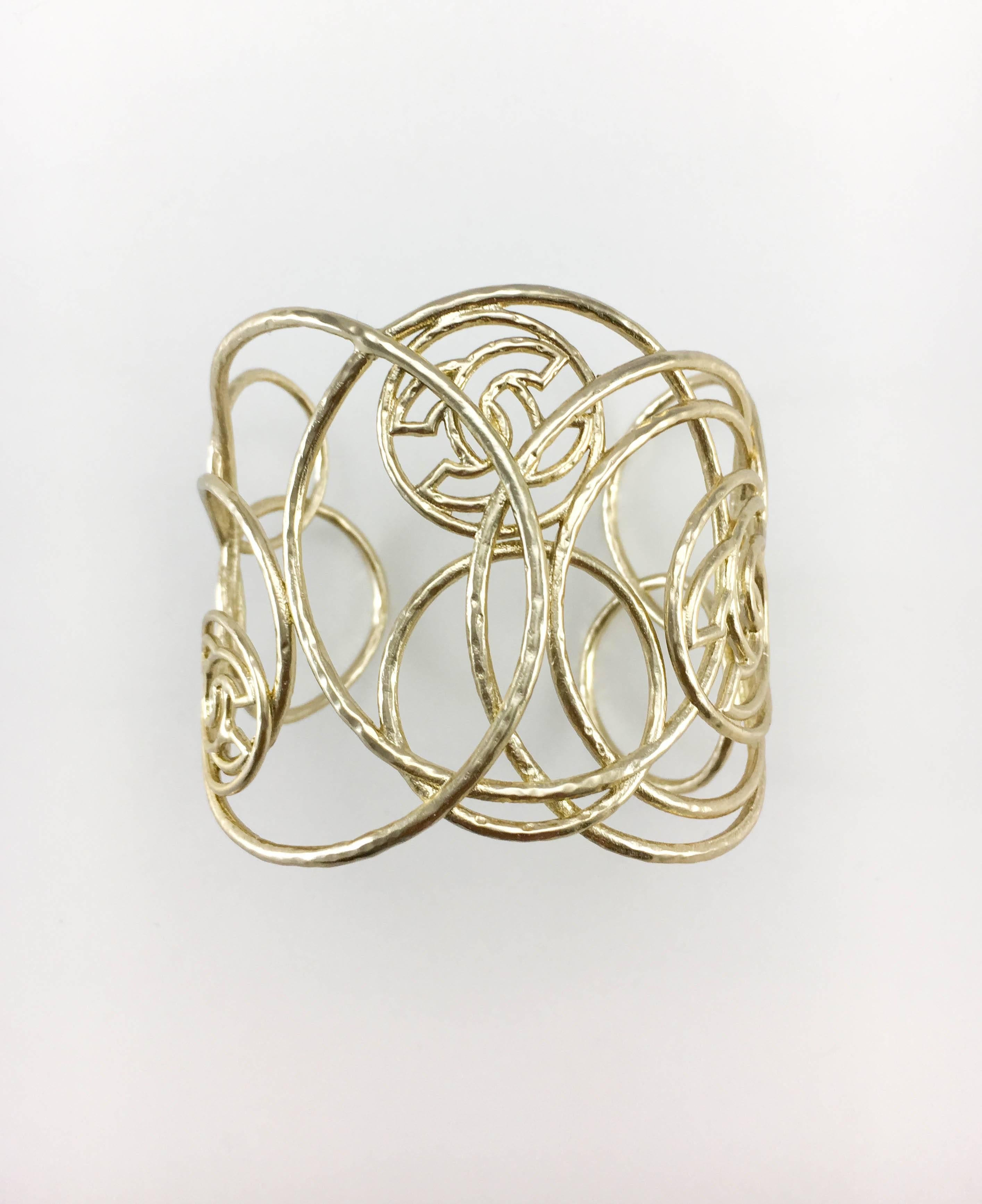 Women's Chanel 'Cuban Collection' Gold-Plated Logo Cuff Bracelet