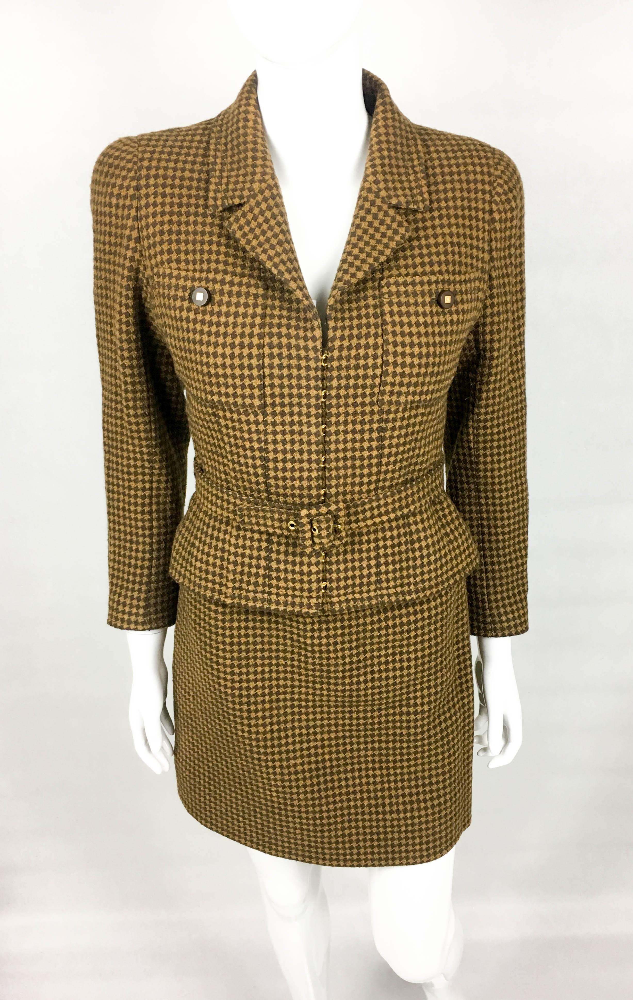 Women's 1996 Chanel Brown Houndstooth Skirt Suit