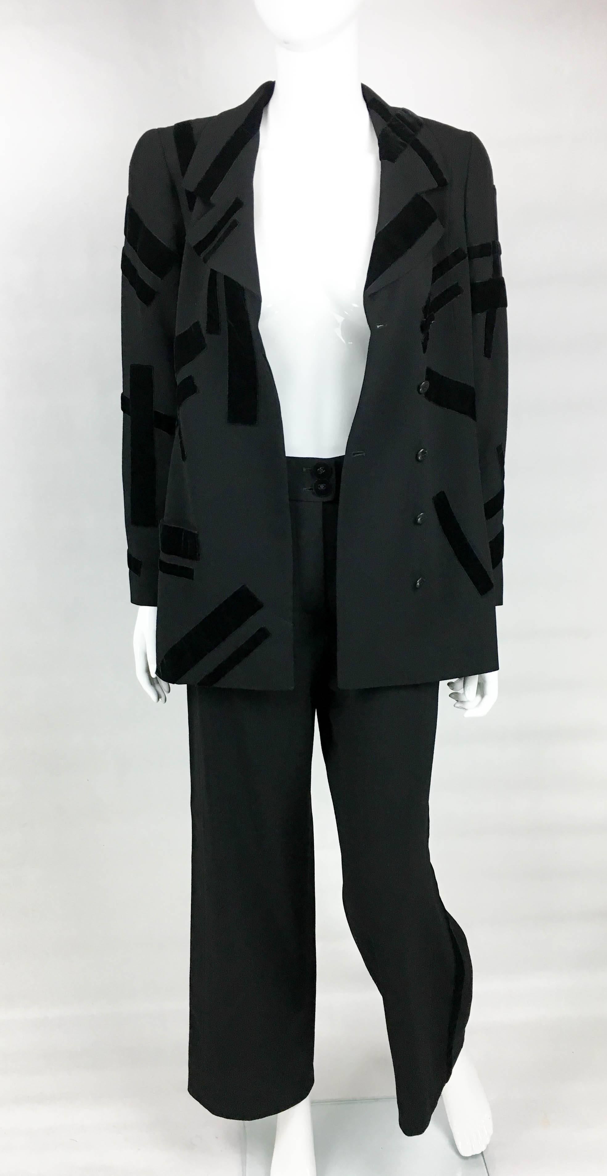 1998 Chanel Black Wool Trouser Suit With Velvet Details In Excellent Condition In London, Chelsea