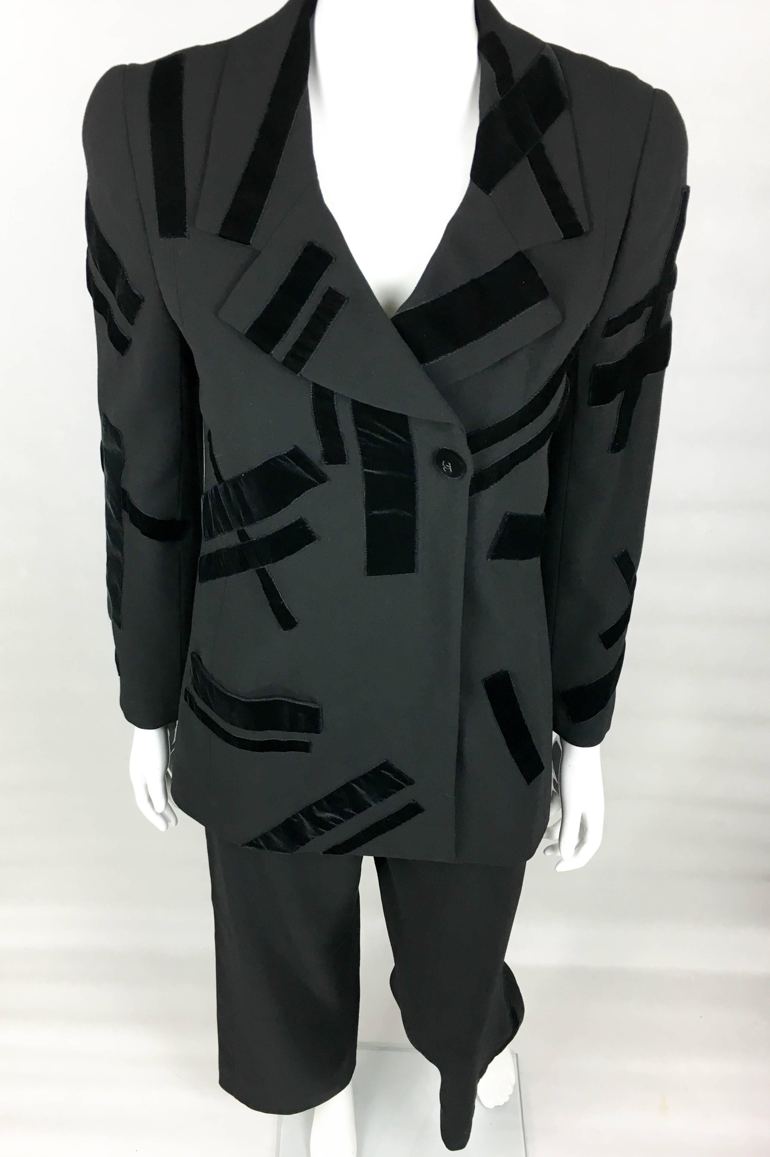 Women's 1998 Chanel Black Wool Trouser Suit With Velvet Details