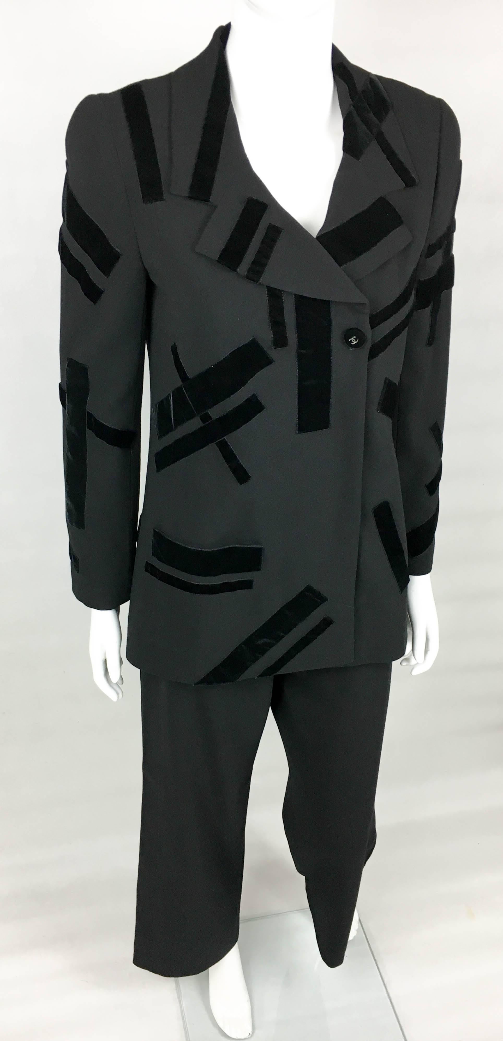 1998 Chanel Black Wool Trouser Suit With Velvet Details 2