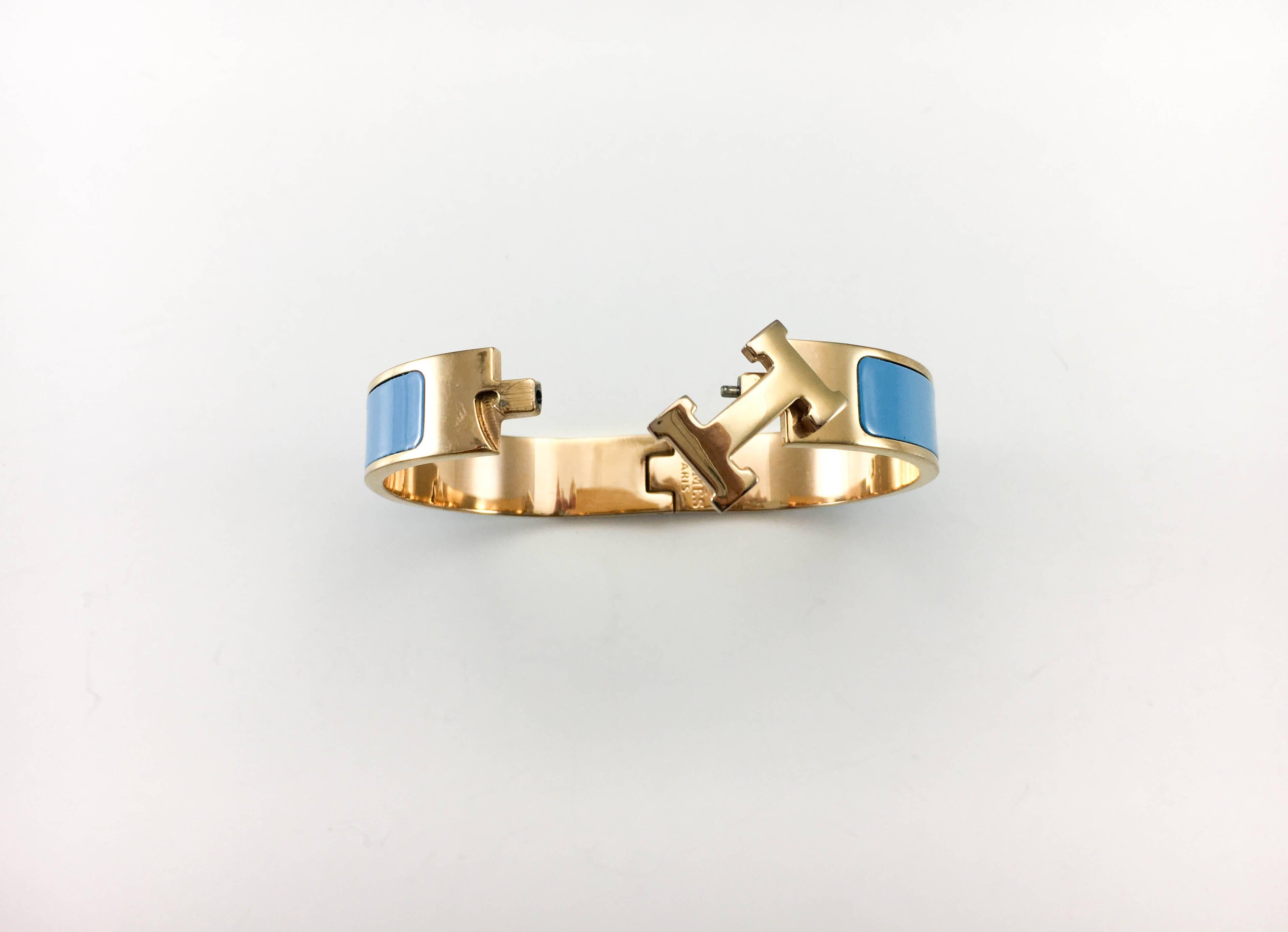 Hermes Rose Gold-Plated Clic Clac 'H' Blue Bracelet In Excellent Condition For Sale In London, Chelsea