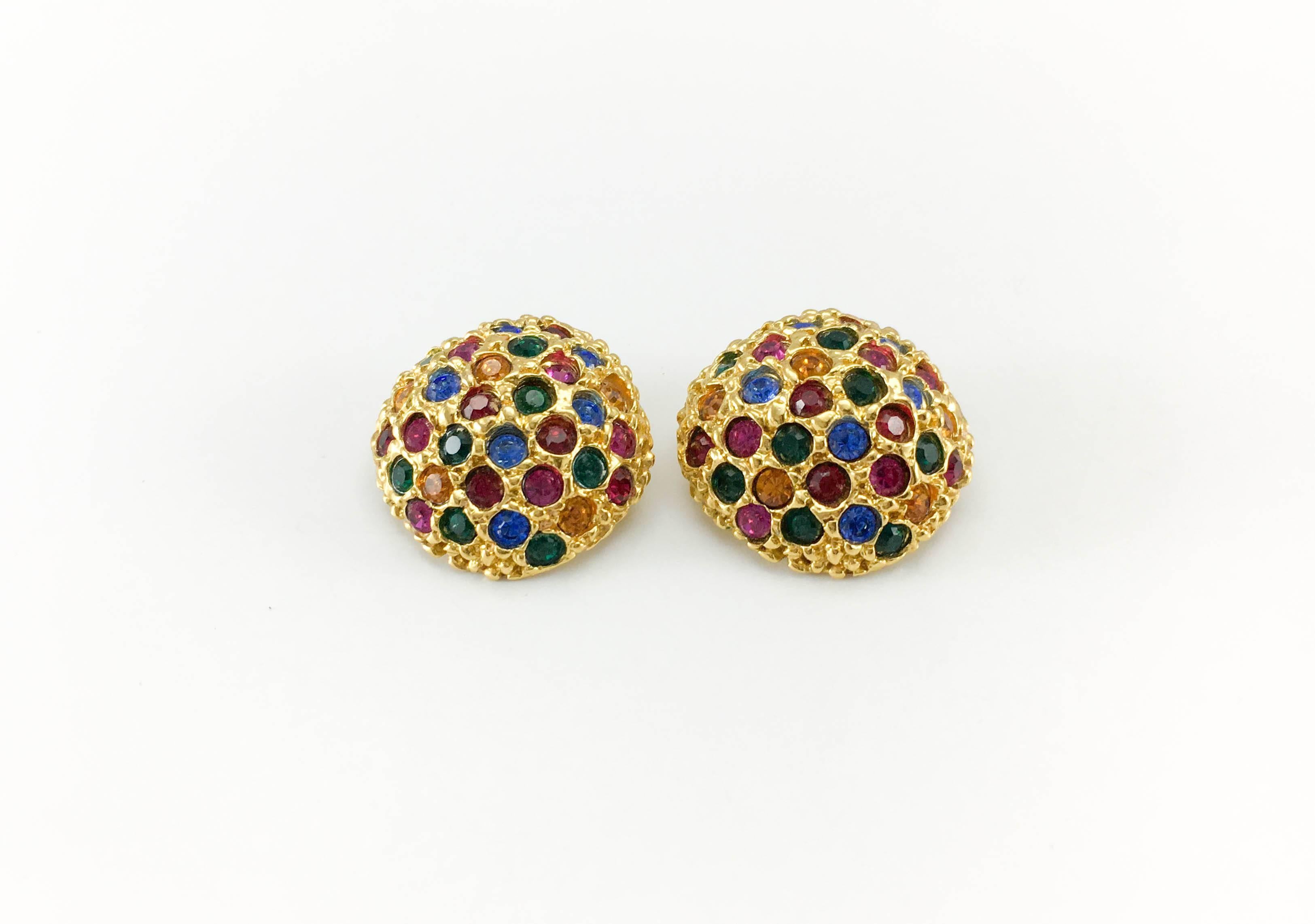 1980s Yves Saint Laurent Colourful Crystal Embellished Gold-Plated Earrings In Excellent Condition In London, Chelsea