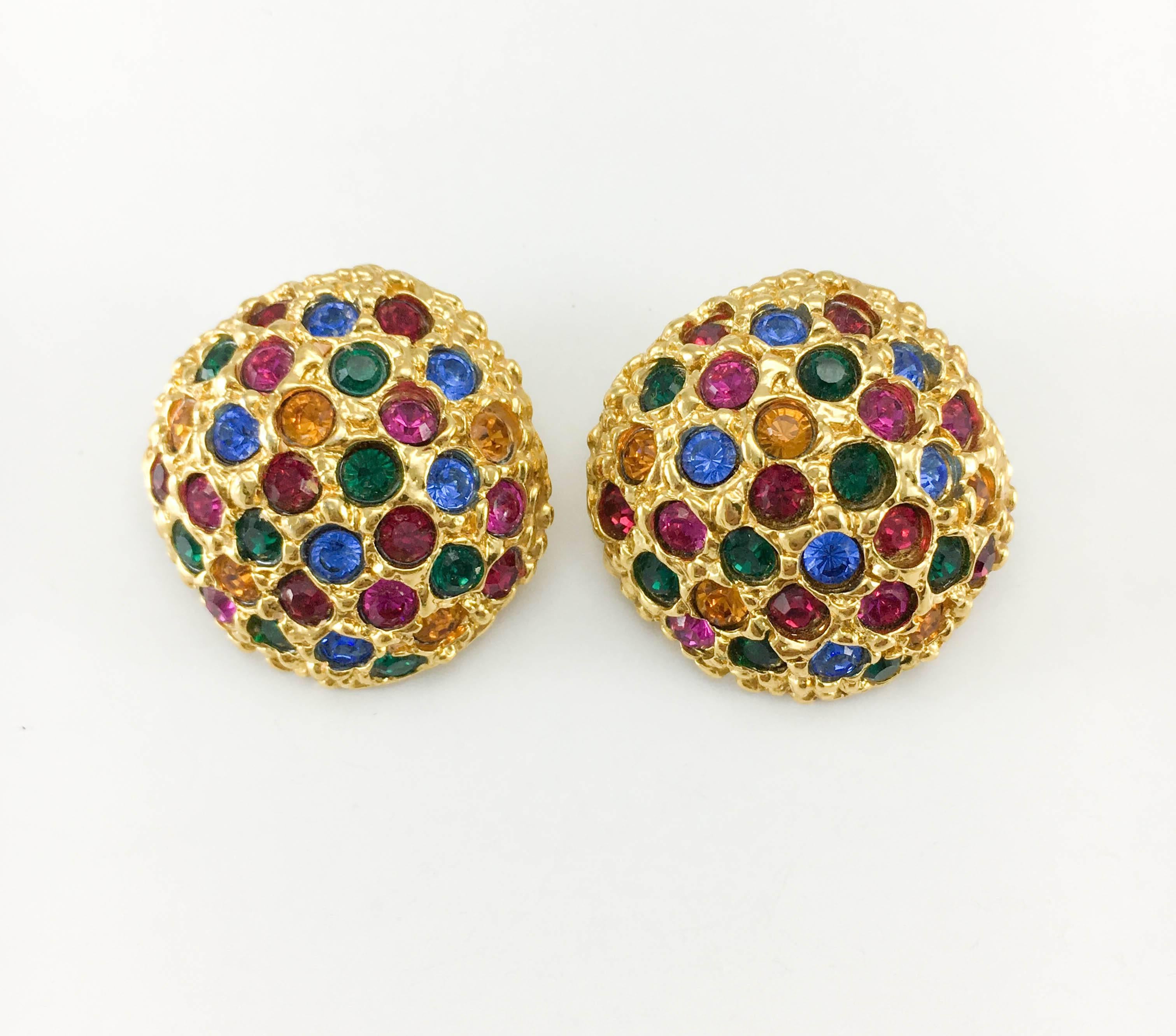 Women's 1980s Yves Saint Laurent Colourful Crystal Embellished Gold-Plated Earrings