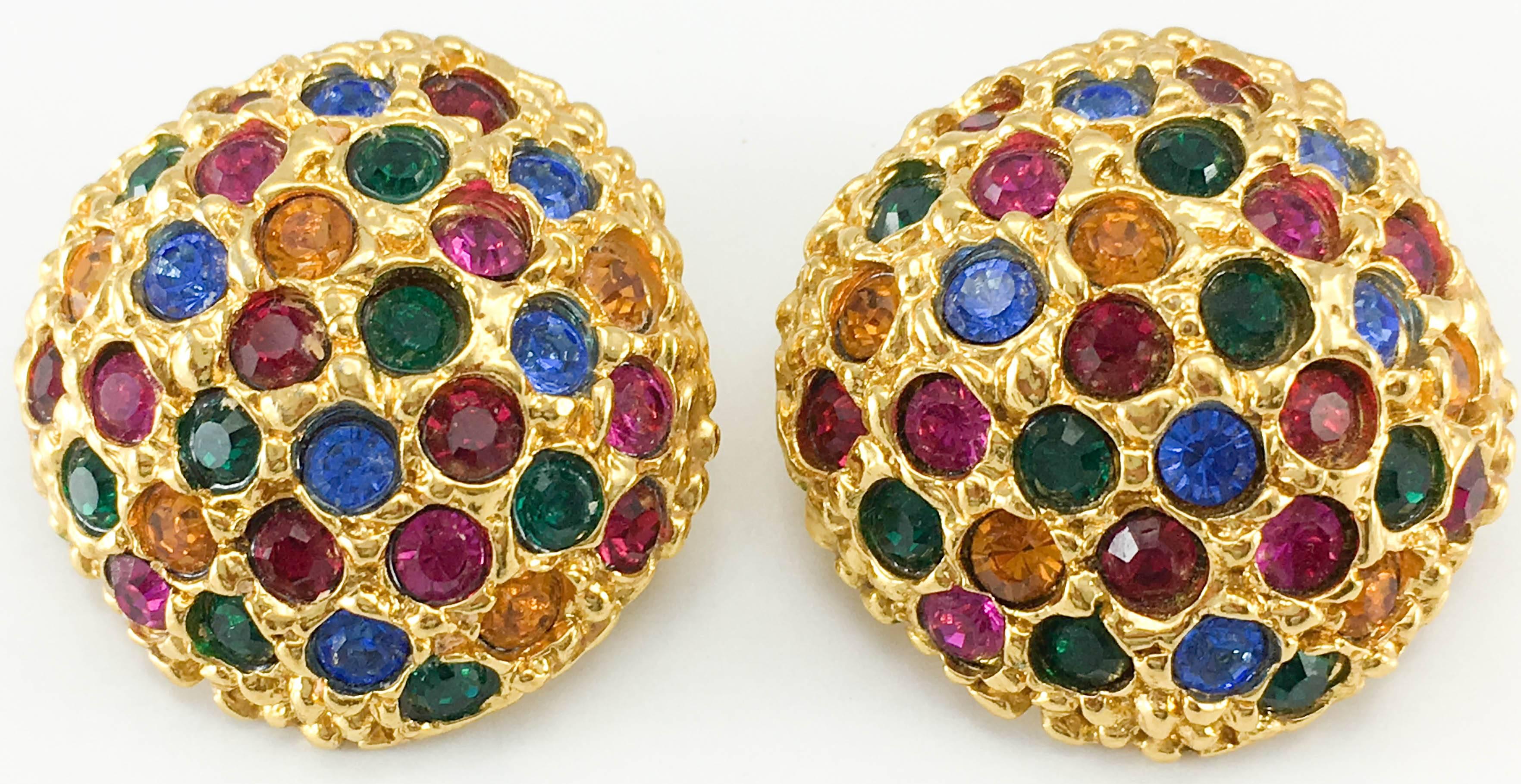 1980s Yves Saint Laurent Colourful Crystal Embellished Gold-Plated Earrings 1