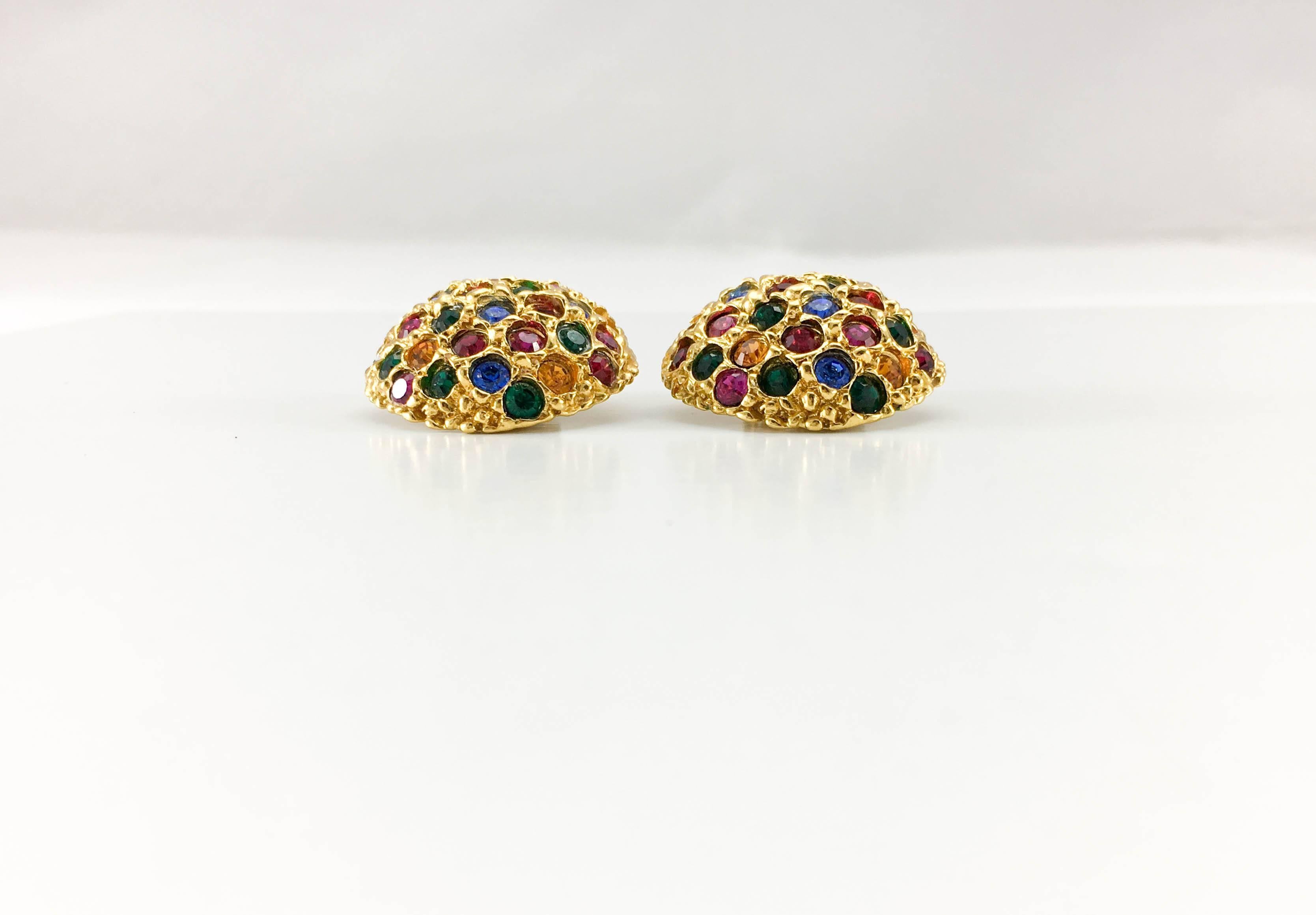 1980s Yves Saint Laurent Colourful Crystal Embellished Gold-Plated Earrings 2