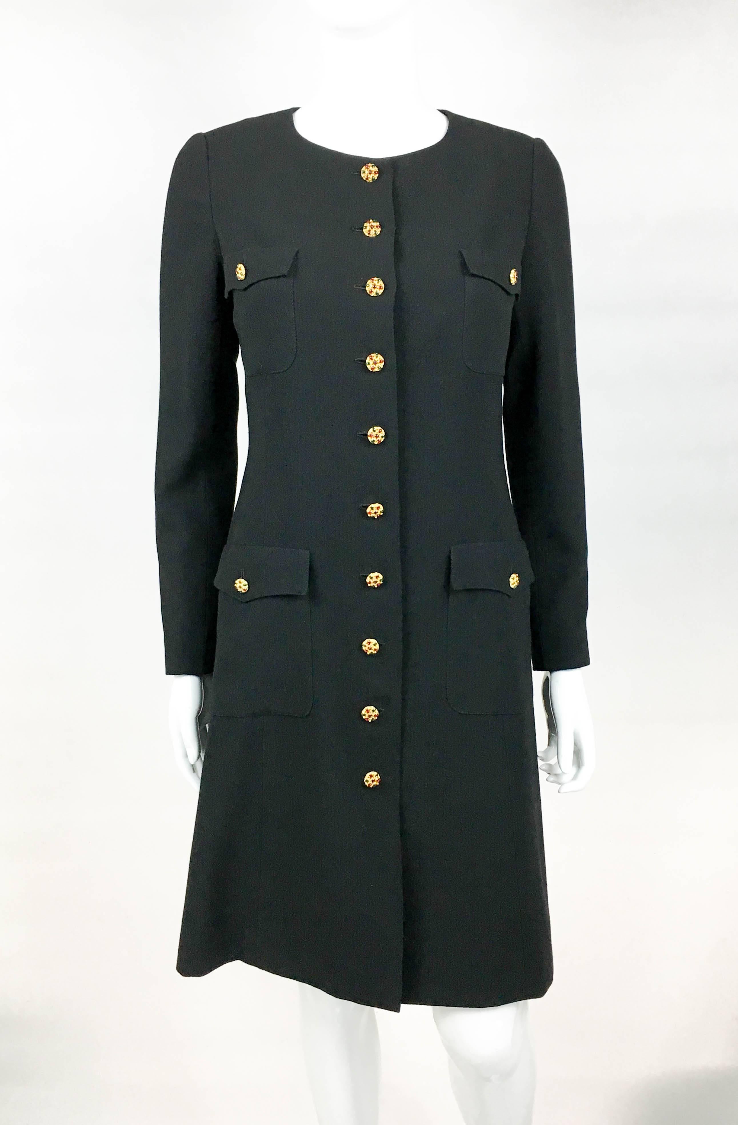 1996 Chanel Runway Look Black Wool Coat / Dress With Baroque-Style Buttons In Excellent Condition In London, Chelsea