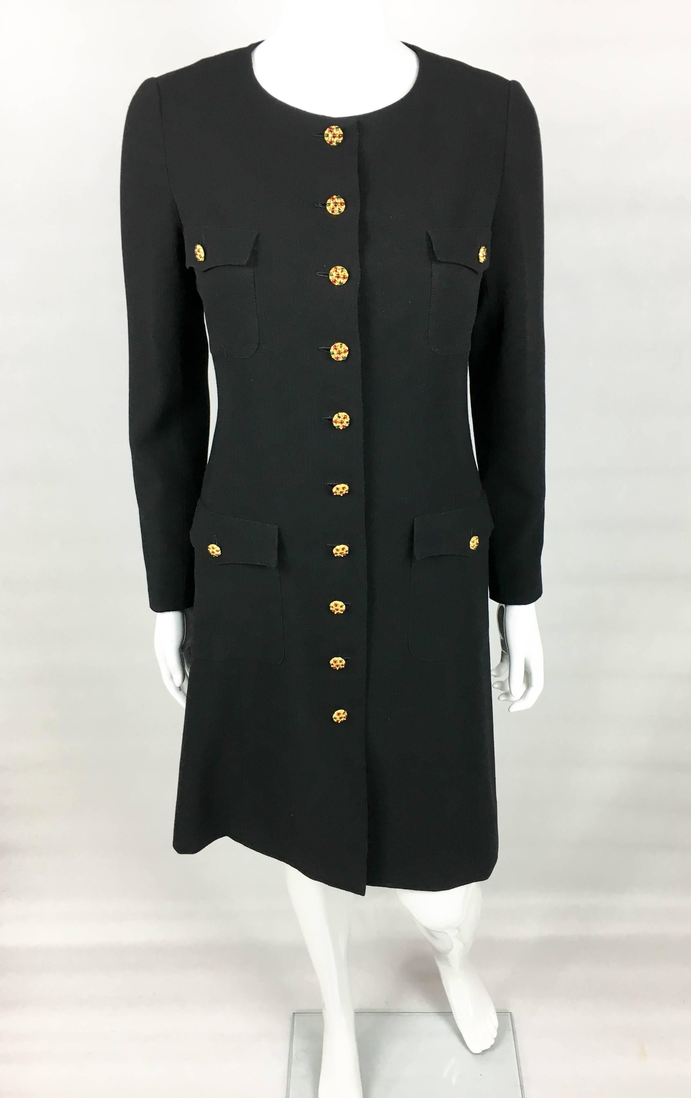 Women's 1996 Chanel Runway Look Black Wool Coat / Dress With Baroque-Style Buttons