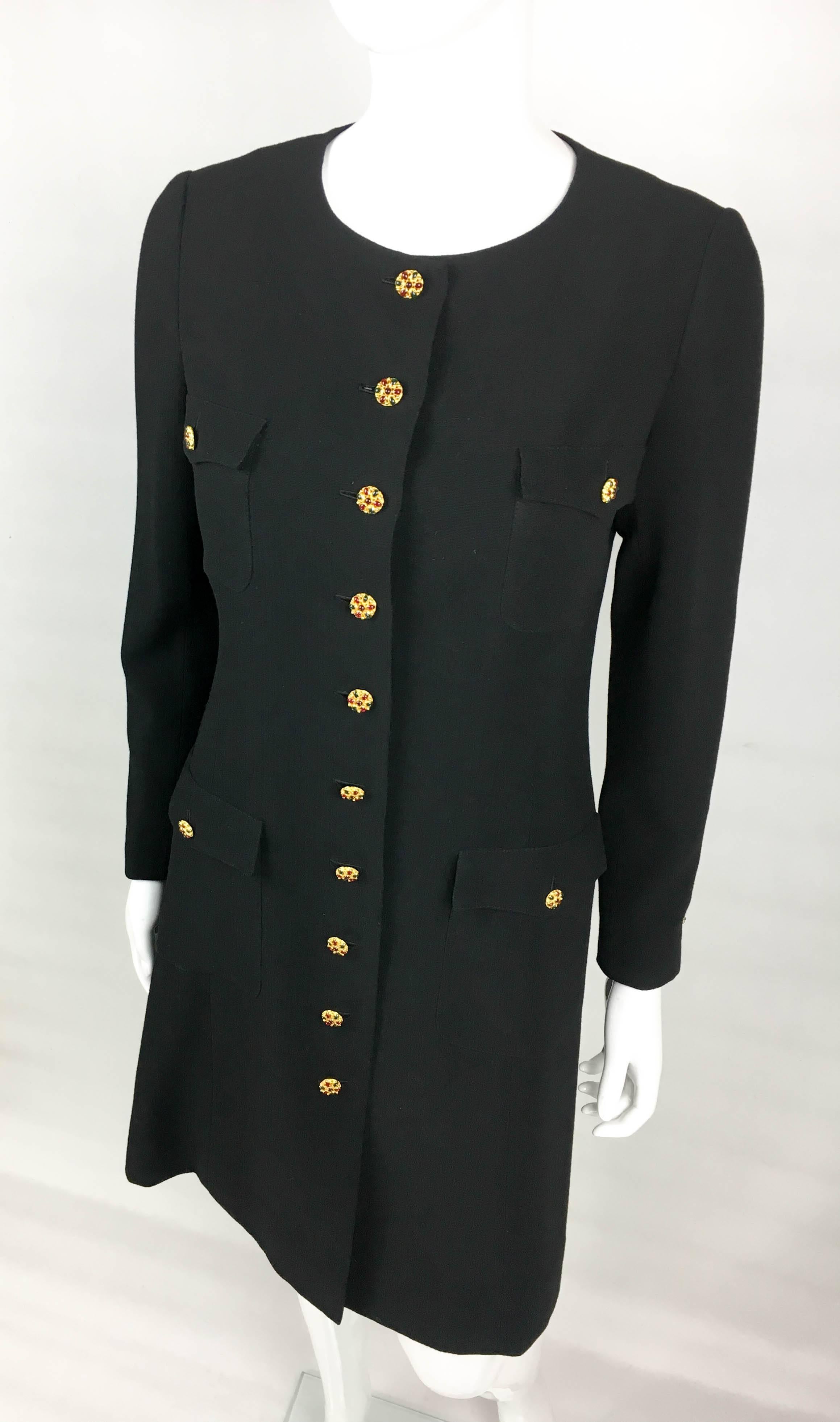 1996 Chanel Runway Look Black Wool Coat / Dress With Baroque-Style Buttons 1