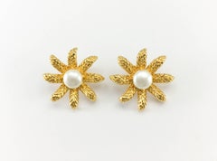 1994 Chanel Faux Pearl Gold-Plated Flower Earrings