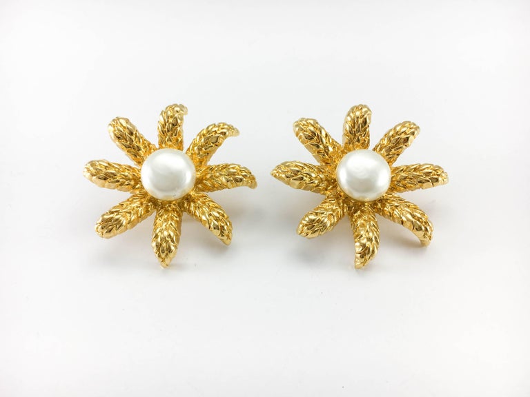 1994 Chanel Faux Pearl Gold-Plated Flower Earrings For Sale at 1stDibs