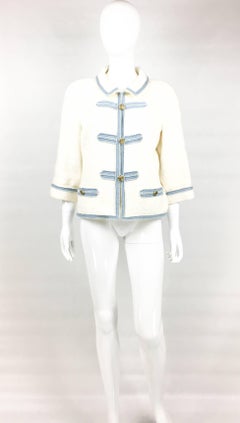 2007 Chanel White Boucle Denim Trimmed Jacket With Logo Buttons