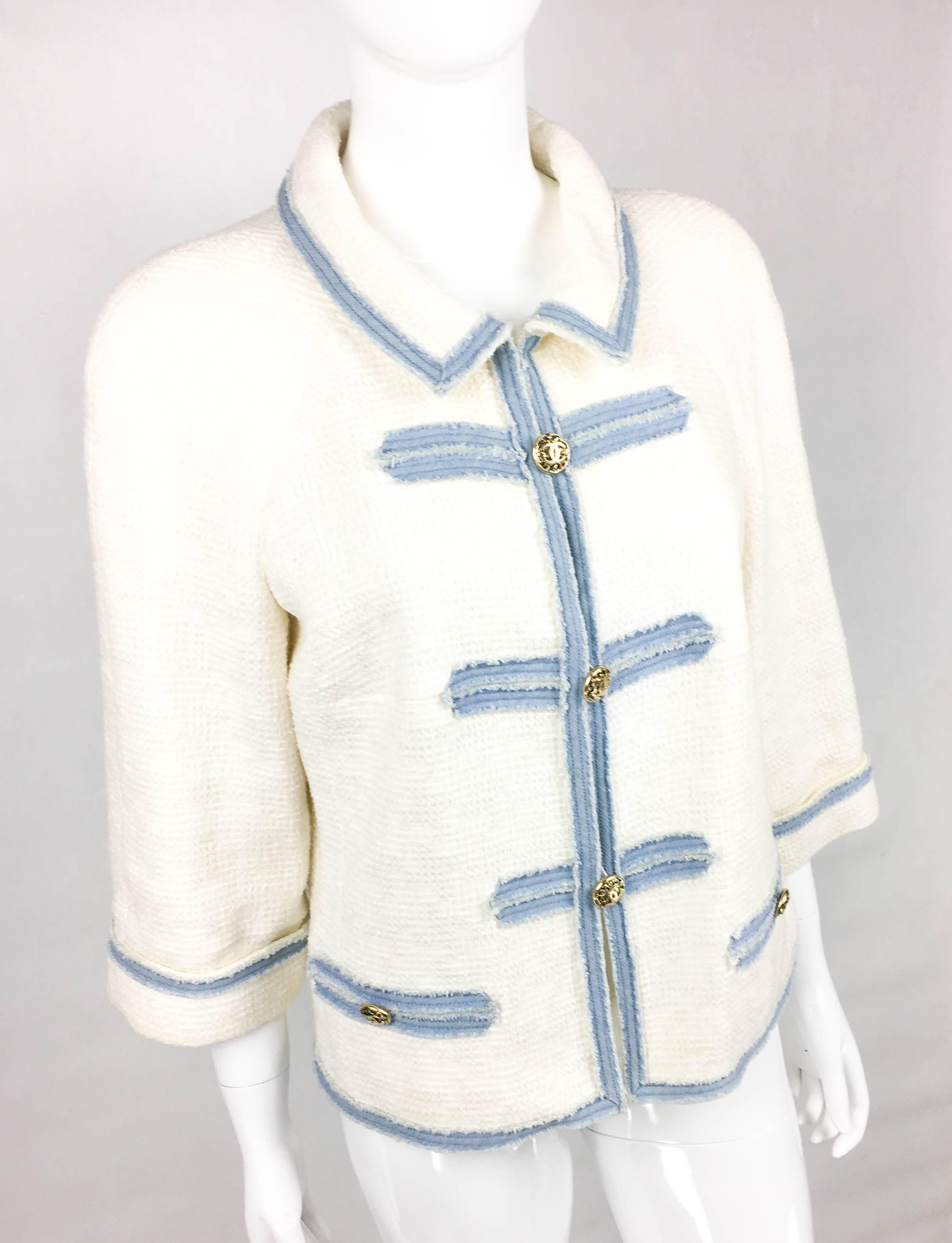 Women's 2007 Chanel White Boucle Denim Trimmed Jacket With Logo Buttons