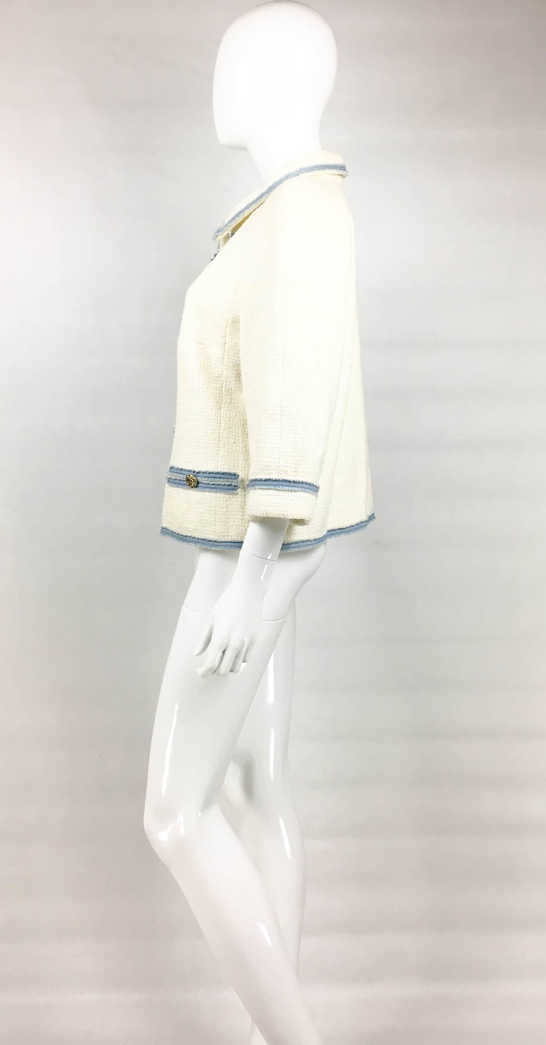 2007 Chanel White Boucle Denim Trimmed Jacket With Logo Buttons 1