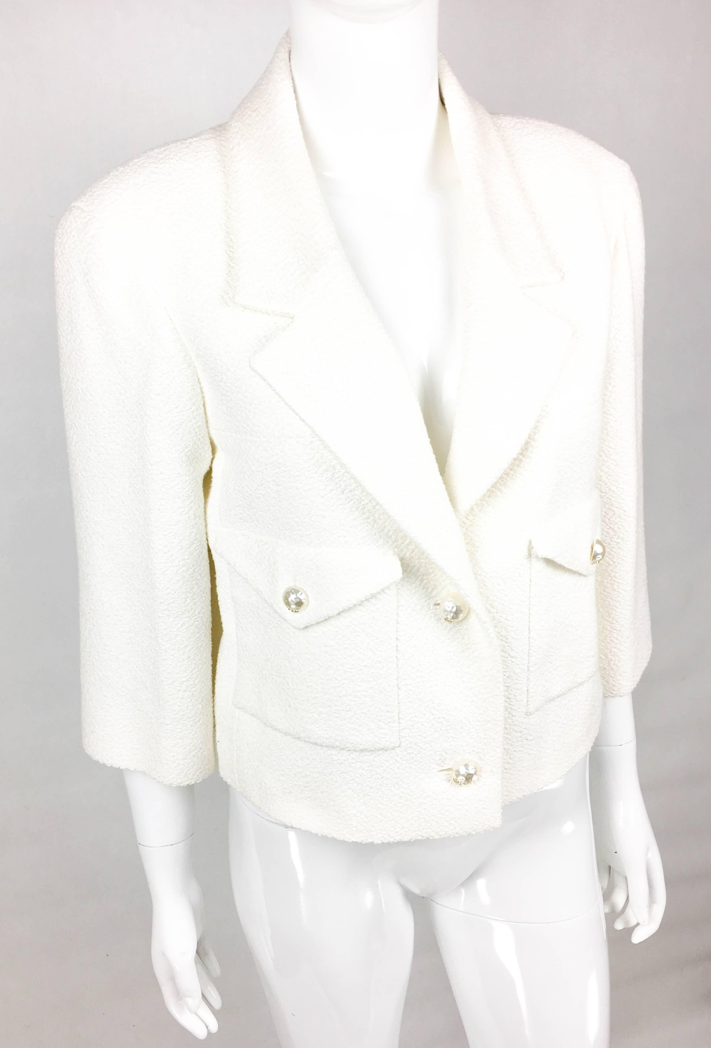 Women's 2012 Chanel Runway Look White Cotton Jacket With Faux-Pearl Buttons