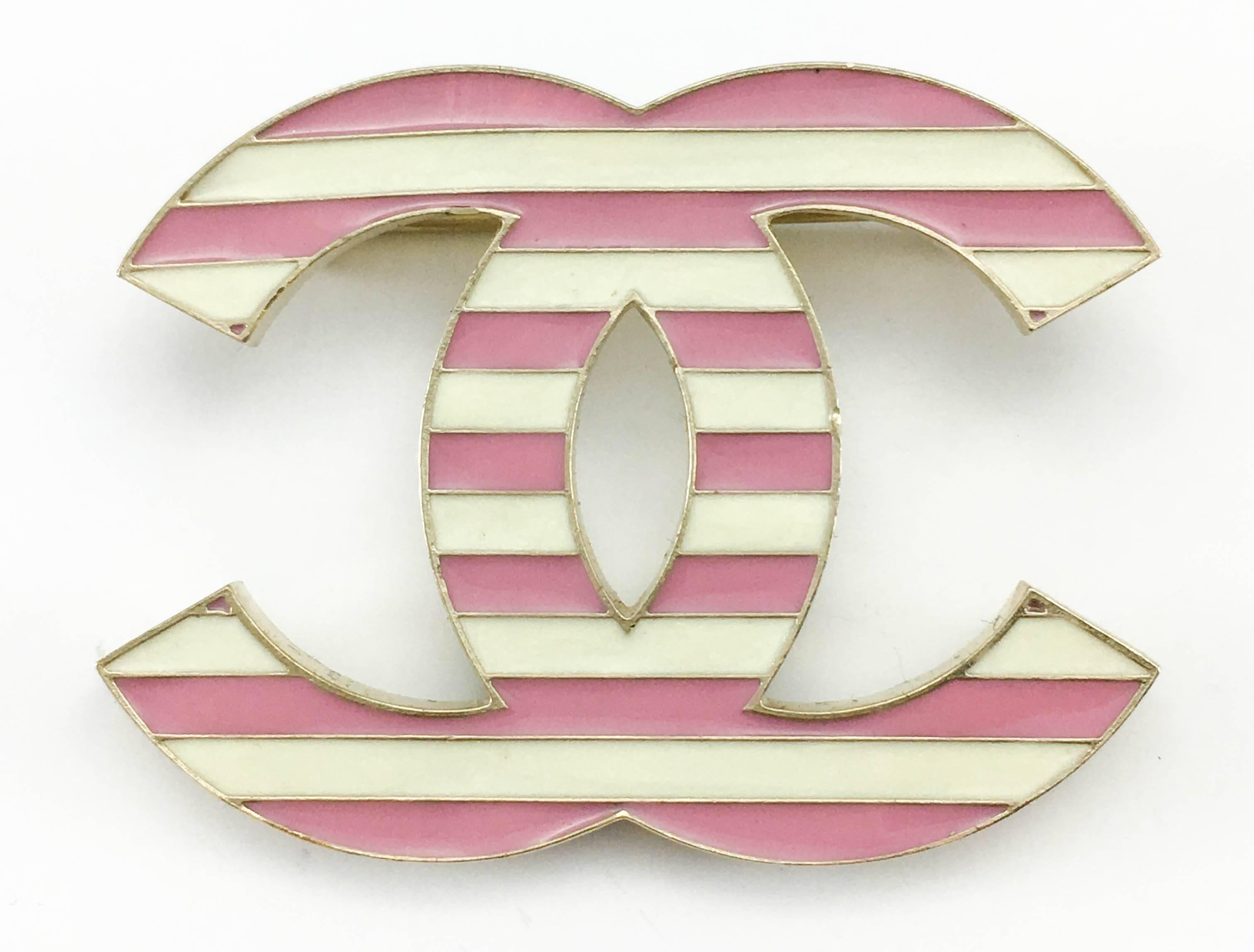 2013 Chanel Pink and White Enamel Stripy Brooch In Excellent Condition In London, Chelsea