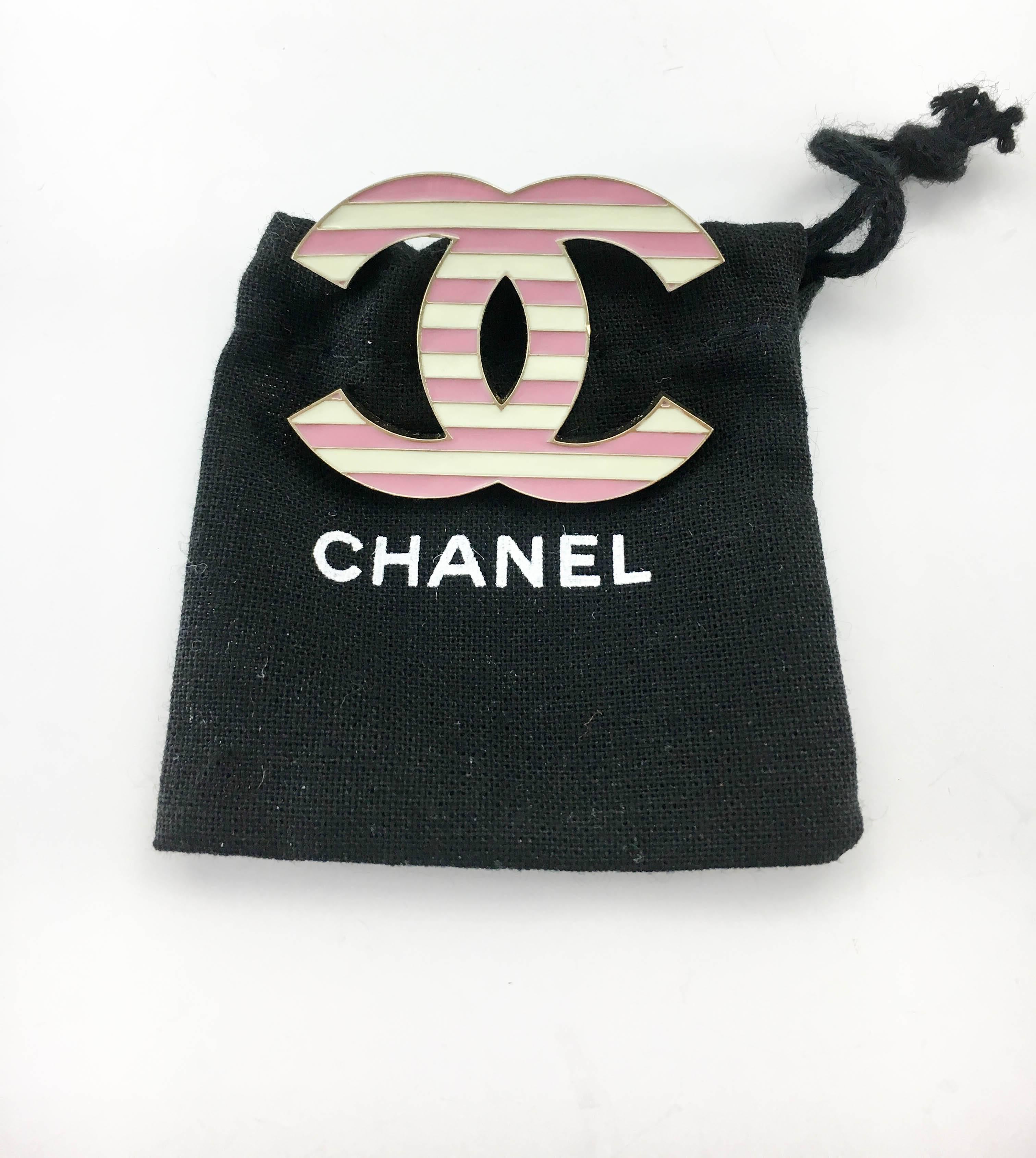 2013 Chanel Pink and White Enamel Stripy Brooch 2