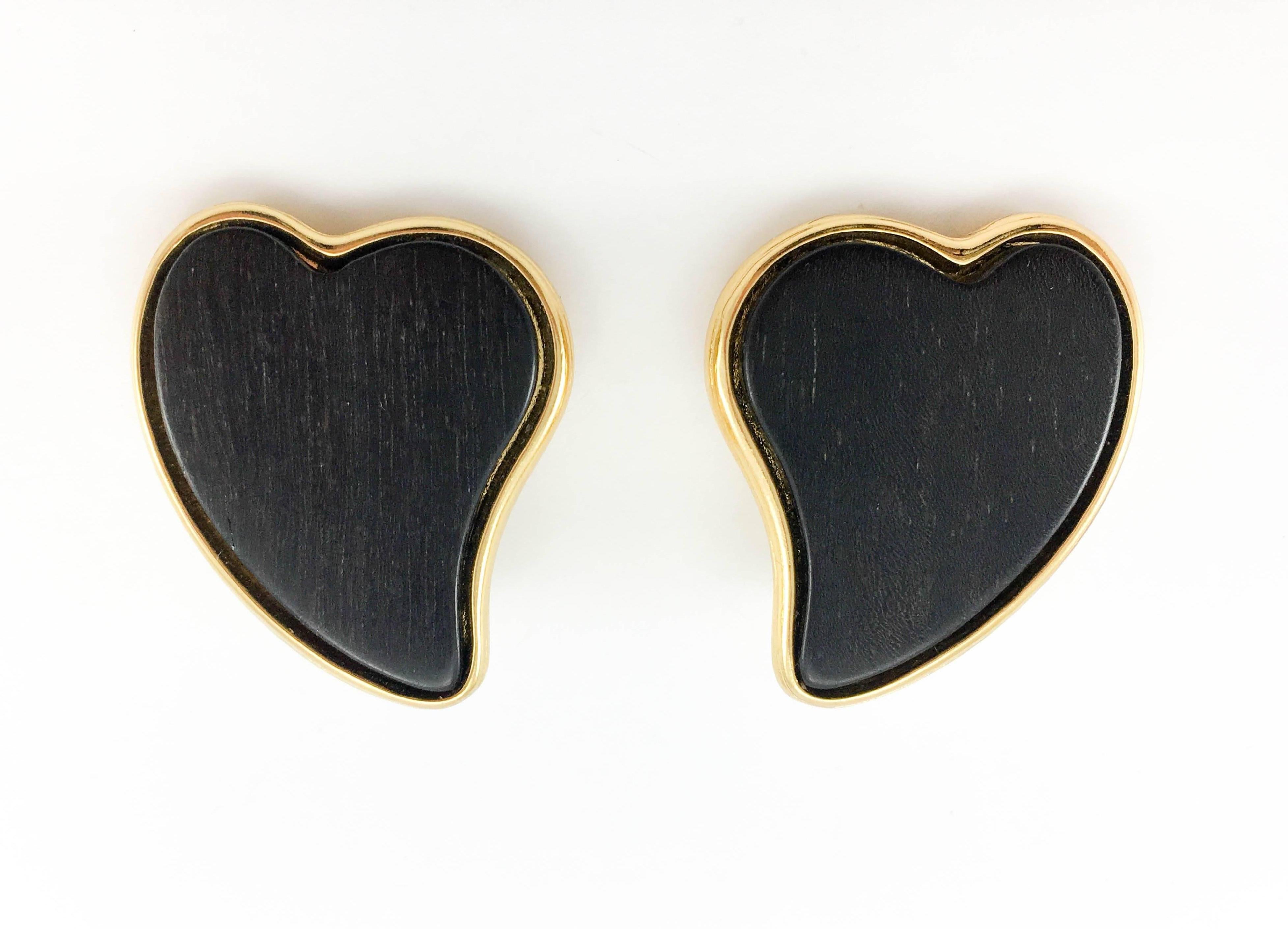 1980's Yves Saint Laurent Black-Wood Heart Earrings In Excellent Condition In London, Chelsea