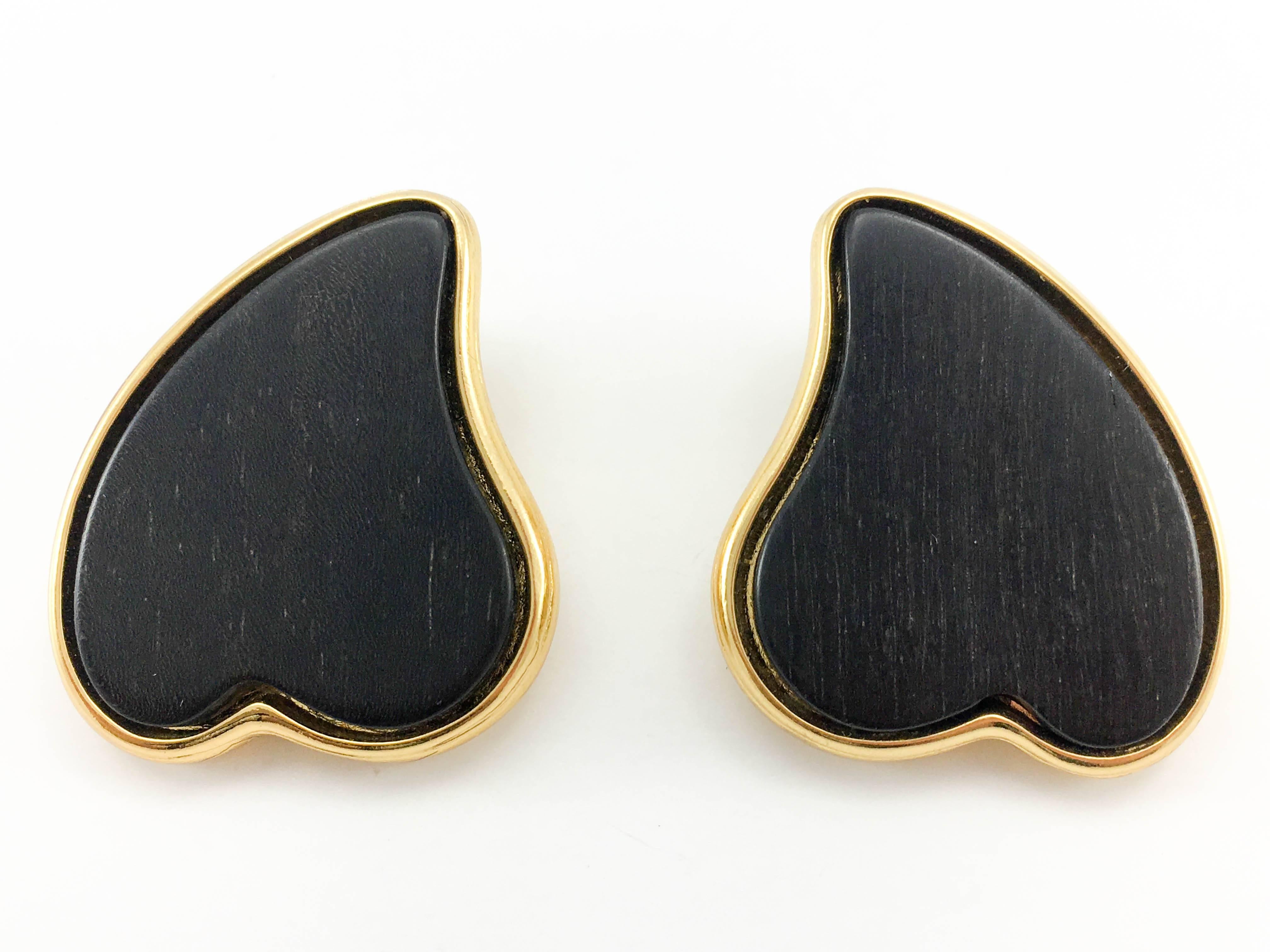 Women's 1980's Yves Saint Laurent Black-Wood Heart Earrings