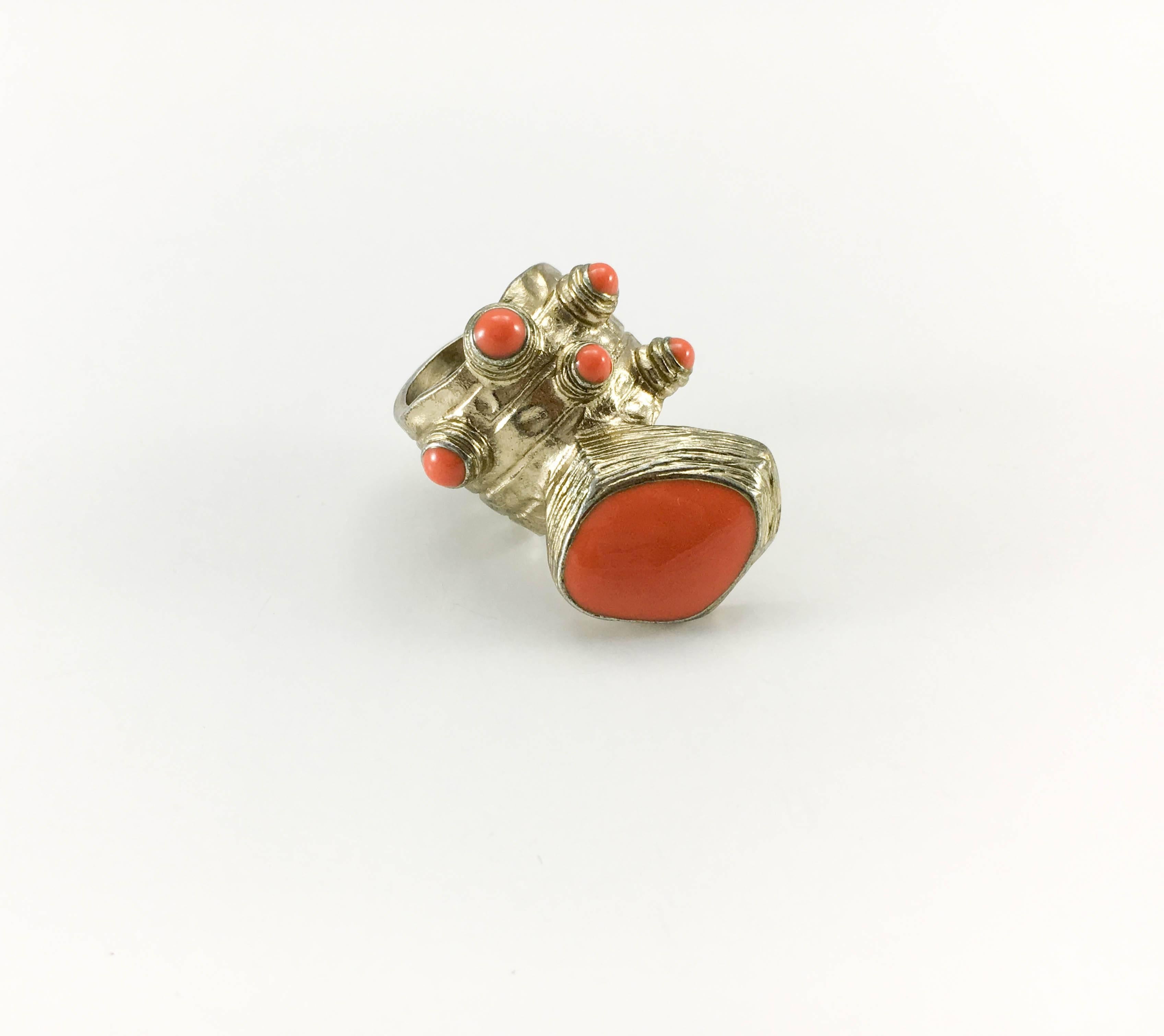 1990's Yves Saint Laurent Chunky Faux Coral Gilded Modernist Ring 5