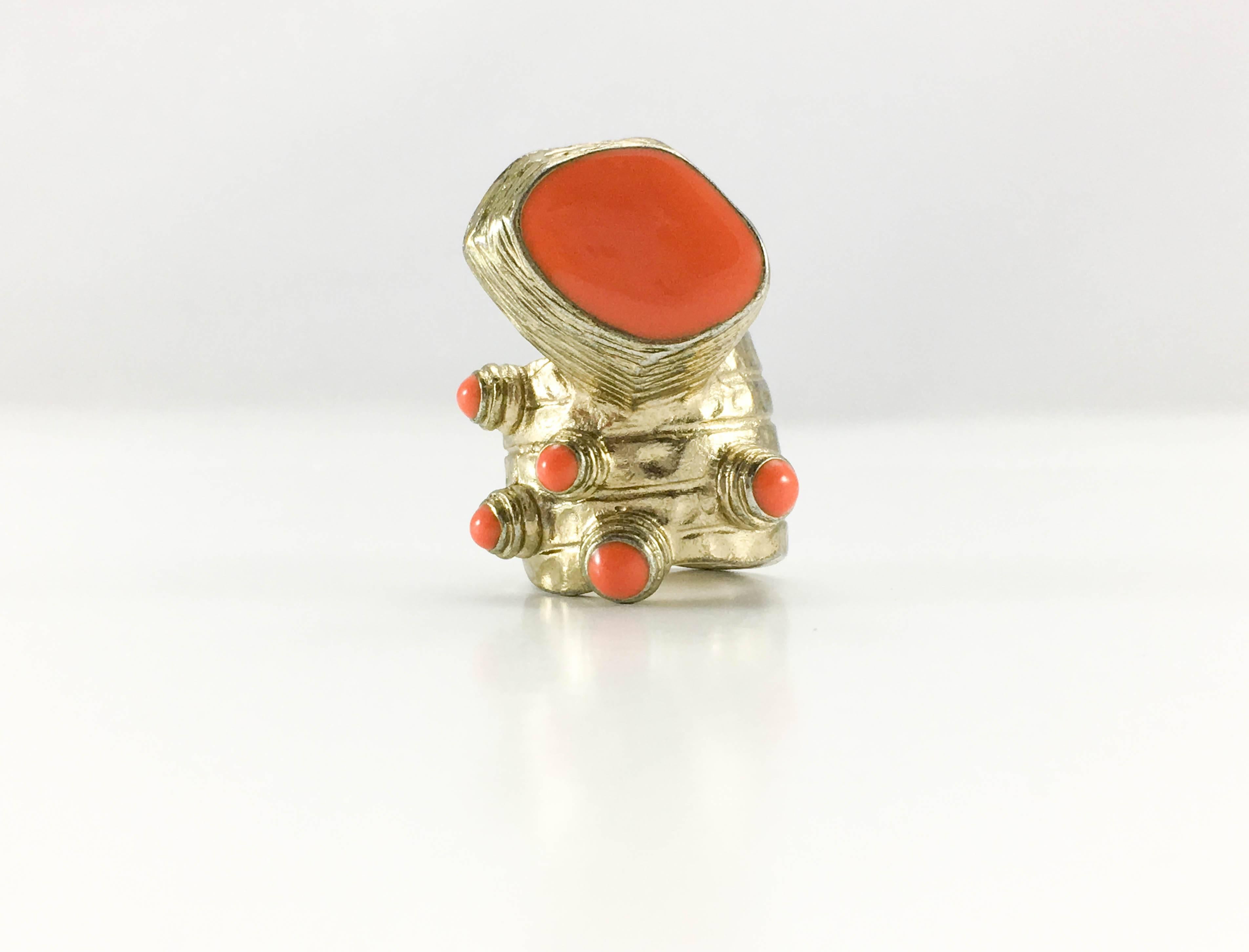 1990's Yves Saint Laurent Chunky Faux Coral Gilded Modernist Ring In Excellent Condition In London, Chelsea
