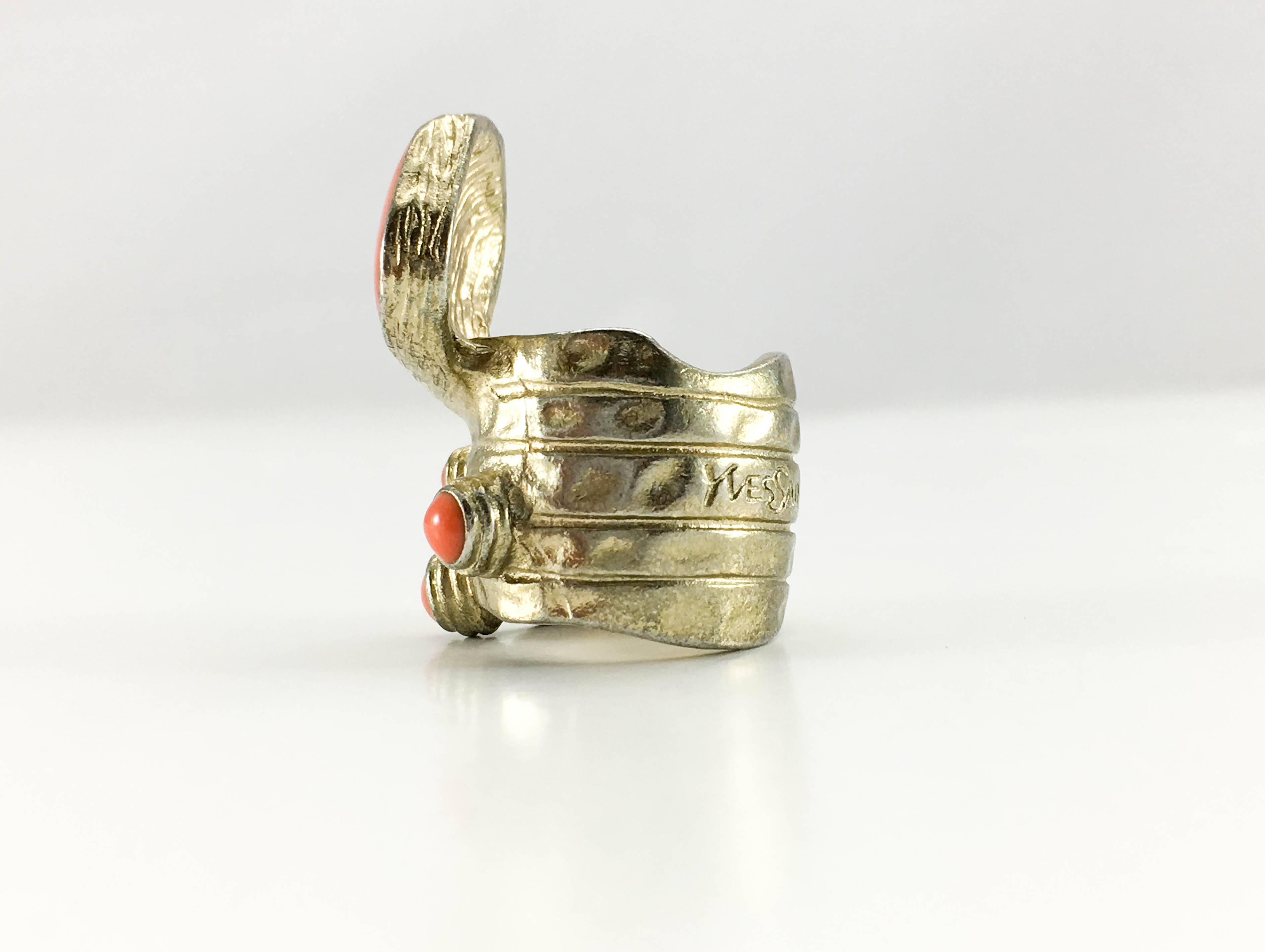 1990's Yves Saint Laurent Chunky Faux Coral Gilded Modernist Ring 2