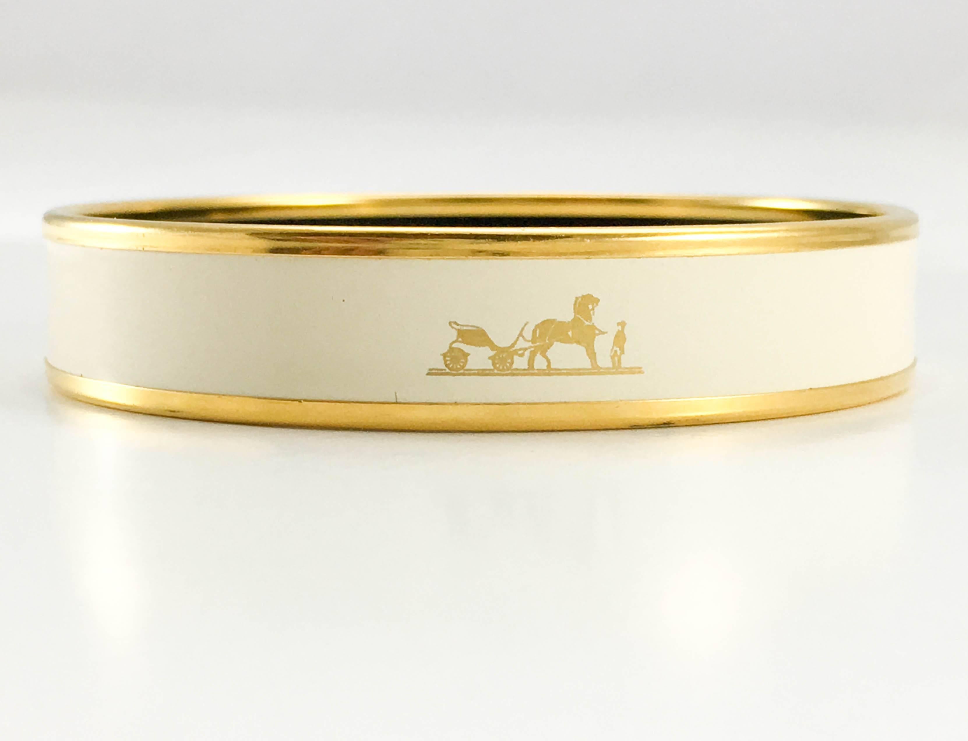 Women's Hermes Horse and Carriage White and Gold Enamel Bangle 