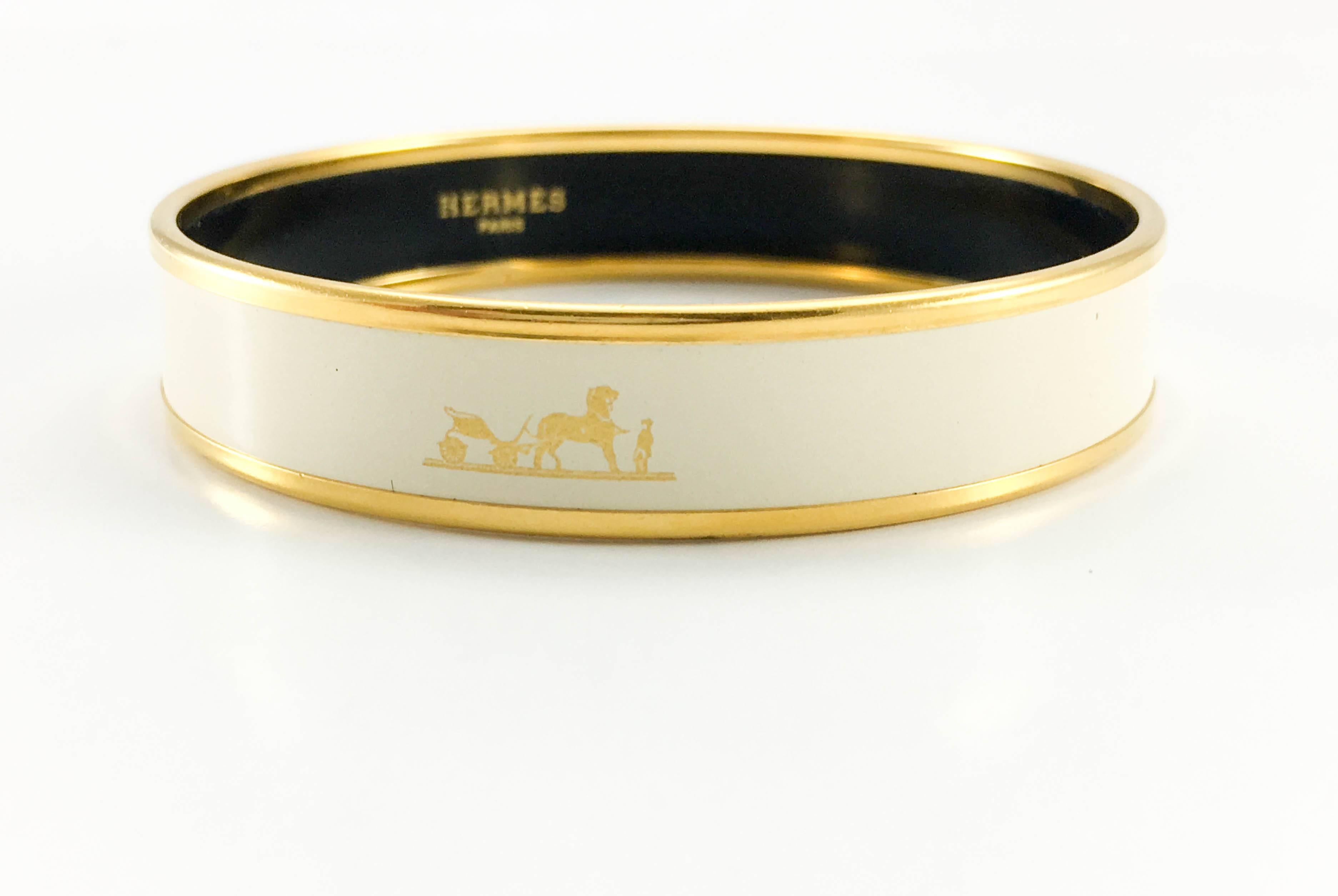Hermes Horse and Carriage White and Gold Enamel Bangle  3