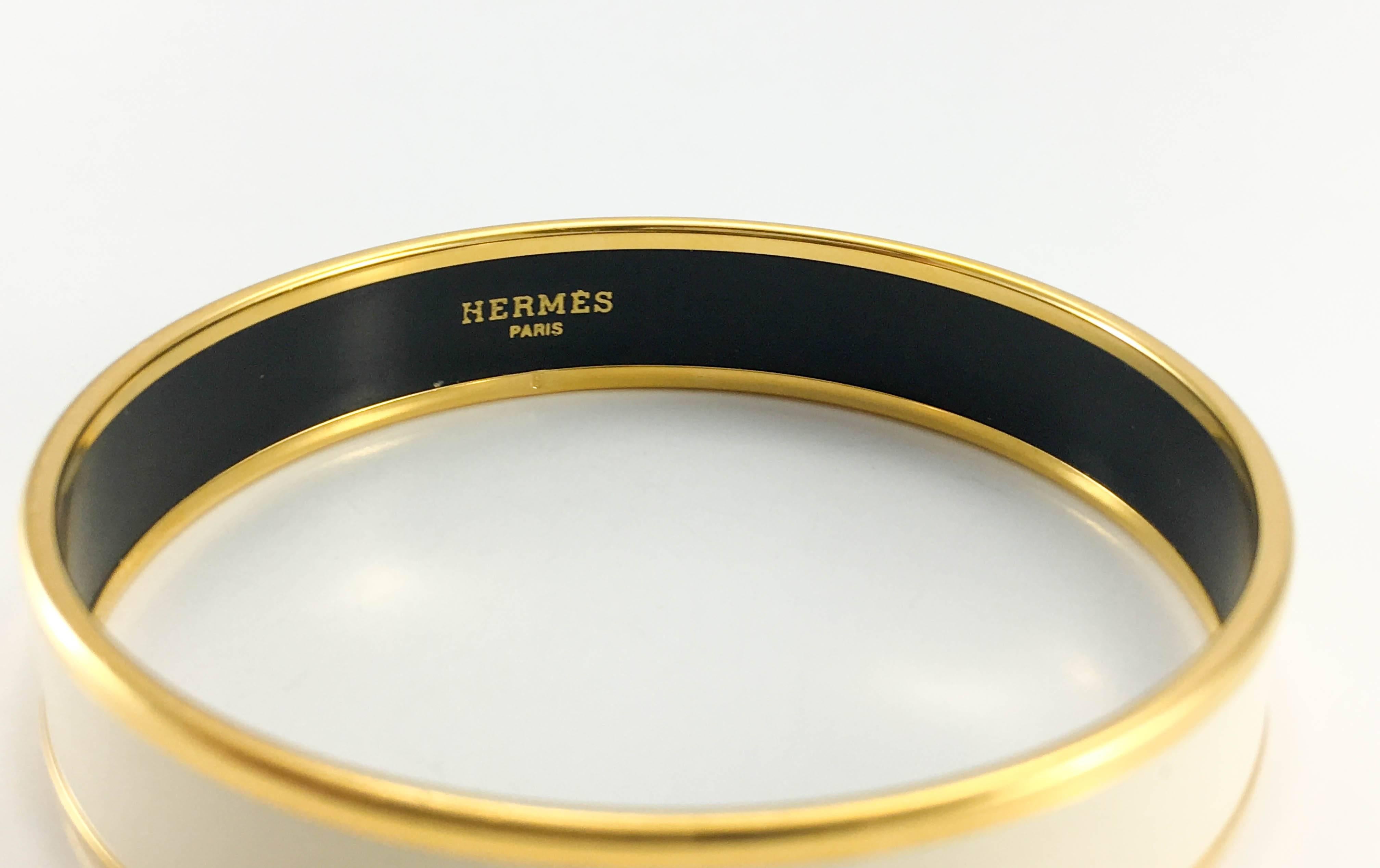 Hermes Horse and Carriage White and Gold Enamel Bangle  4
