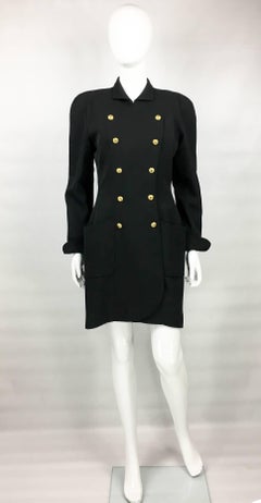 1990s Chanel Black Wool Dress / Coat With Gilt Logo Buttons