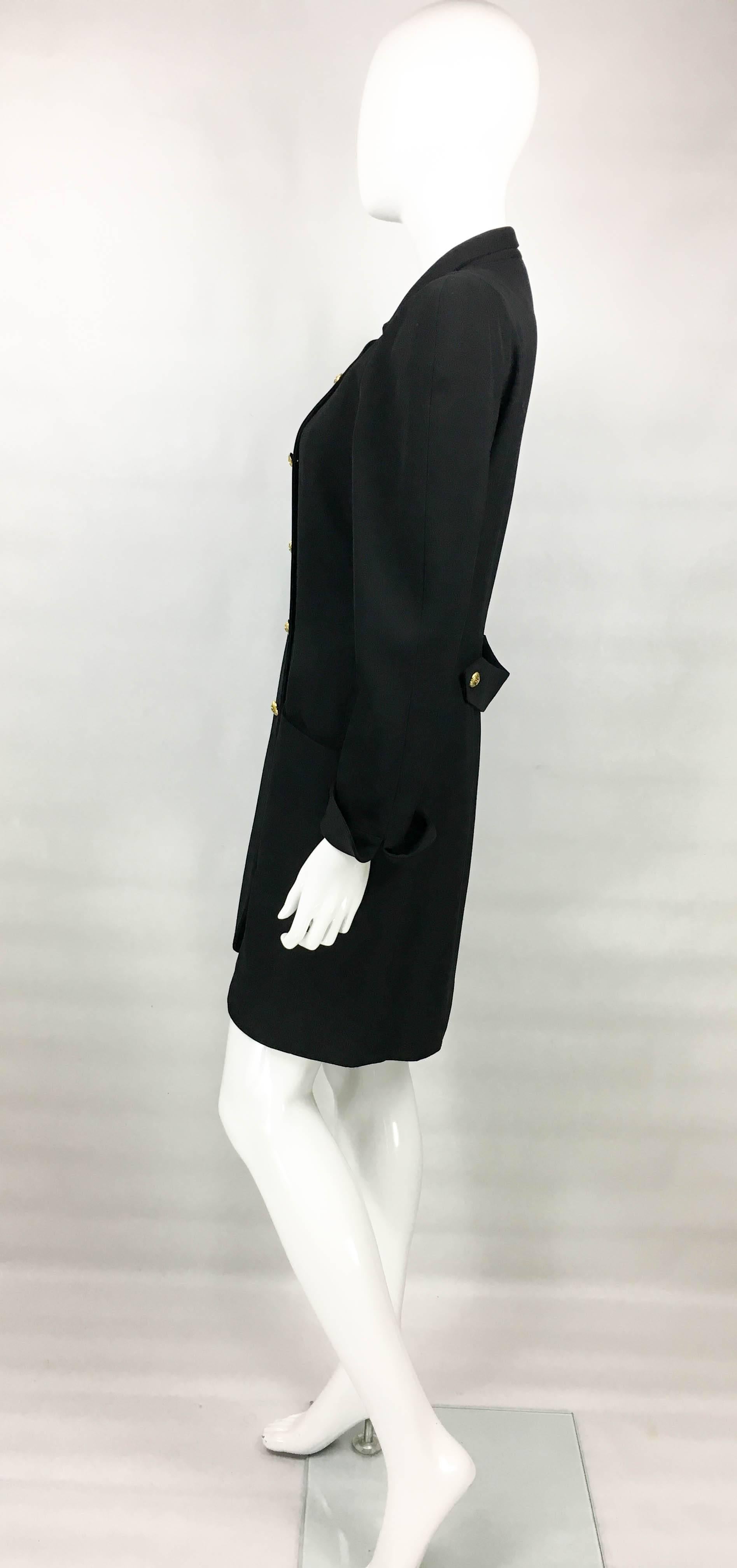 1990s Chanel Black Wool Dress / Coat With Gilt Logo Buttons For Sale 3