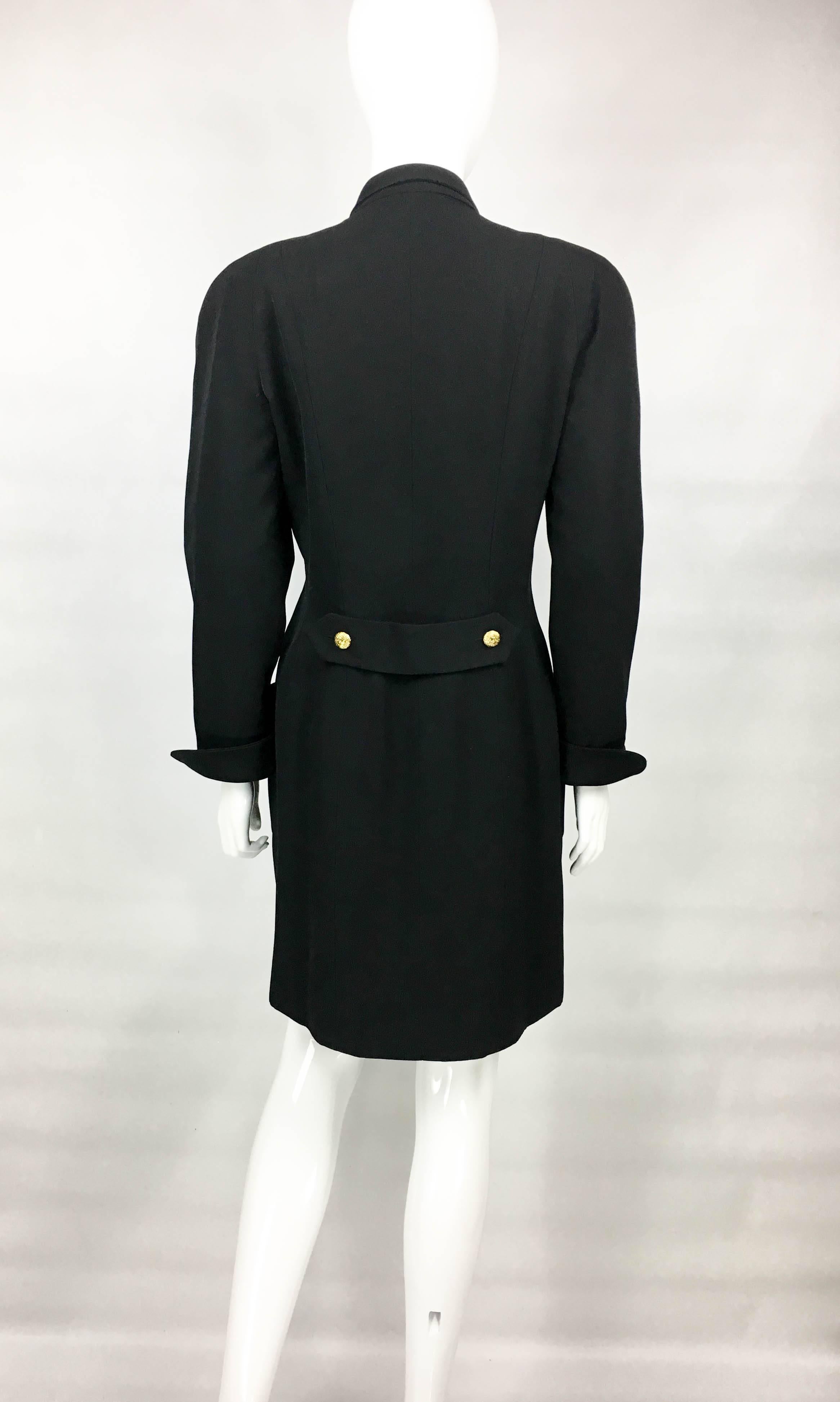 1990s Chanel Black Wool Dress / Coat With Gilt Logo Buttons For Sale 4