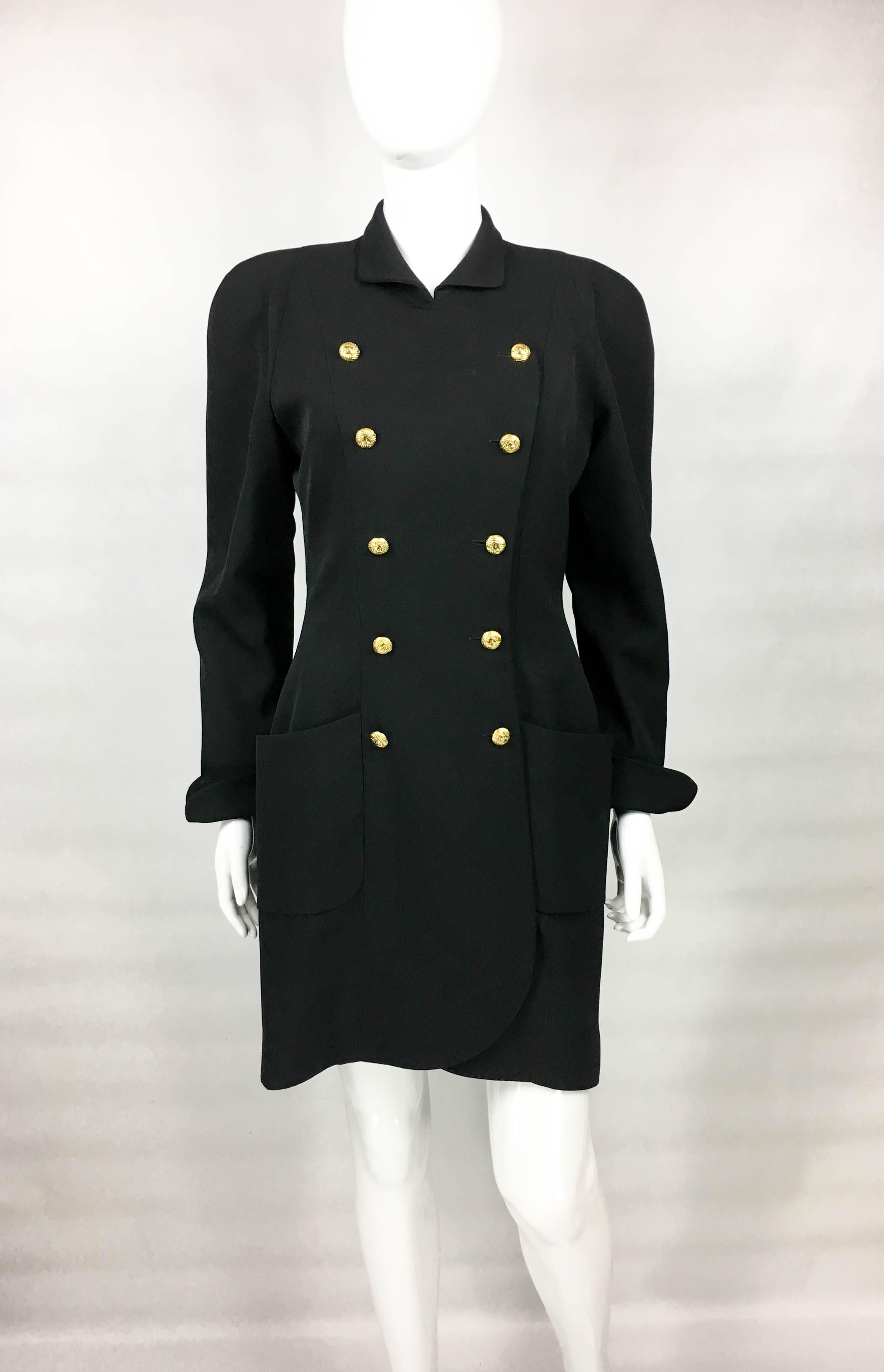 1990s Chanel Black Wool Dress / Coat With Gilt Logo Buttons In Excellent Condition For Sale In London, Chelsea