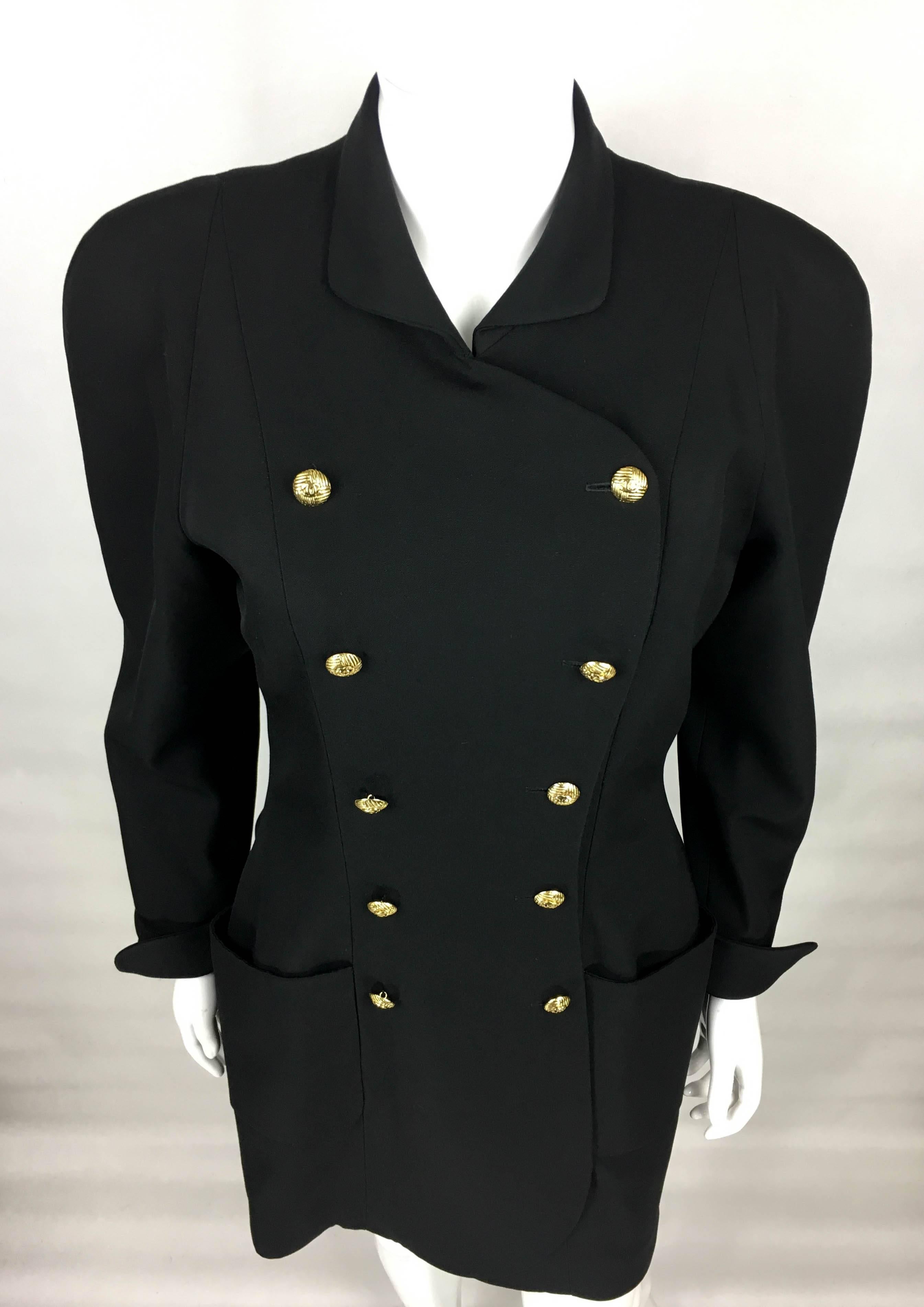 1990s Chanel Black Wool Dress / Coat With Gilt Logo Buttons For Sale 1