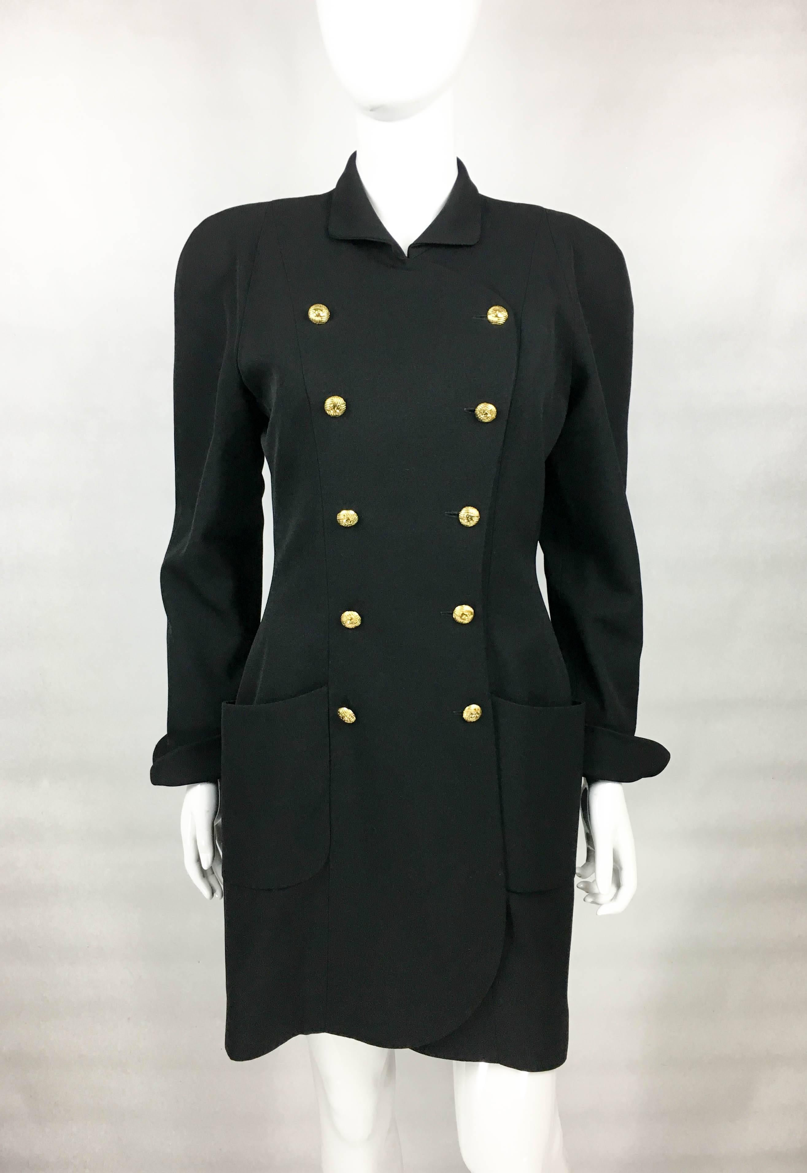 Women's 1990s Chanel Black Wool Dress / Coat With Gilt Logo Buttons For Sale